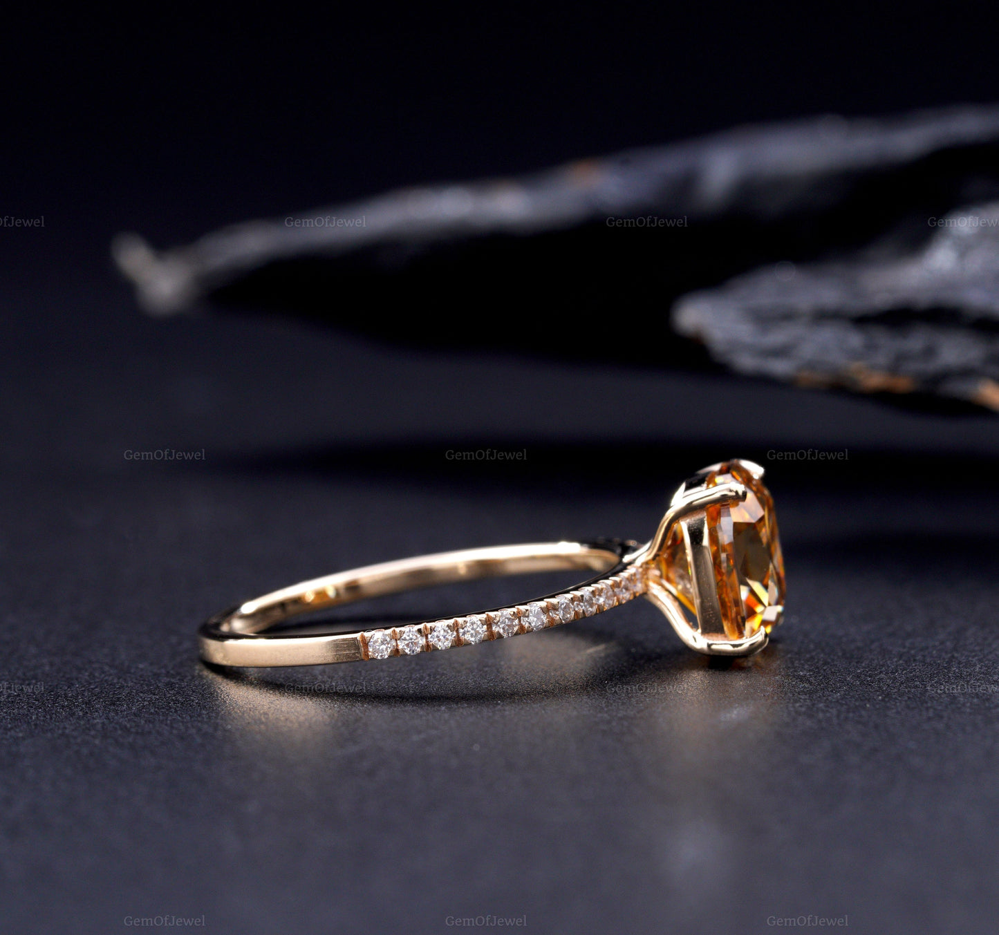 Cushion Champagne Moissanite Diamond Ring With Side Round Moissanite Diamond Ring, Cushion Cut Brown Diamond Ring, Champagne Diamond Ring