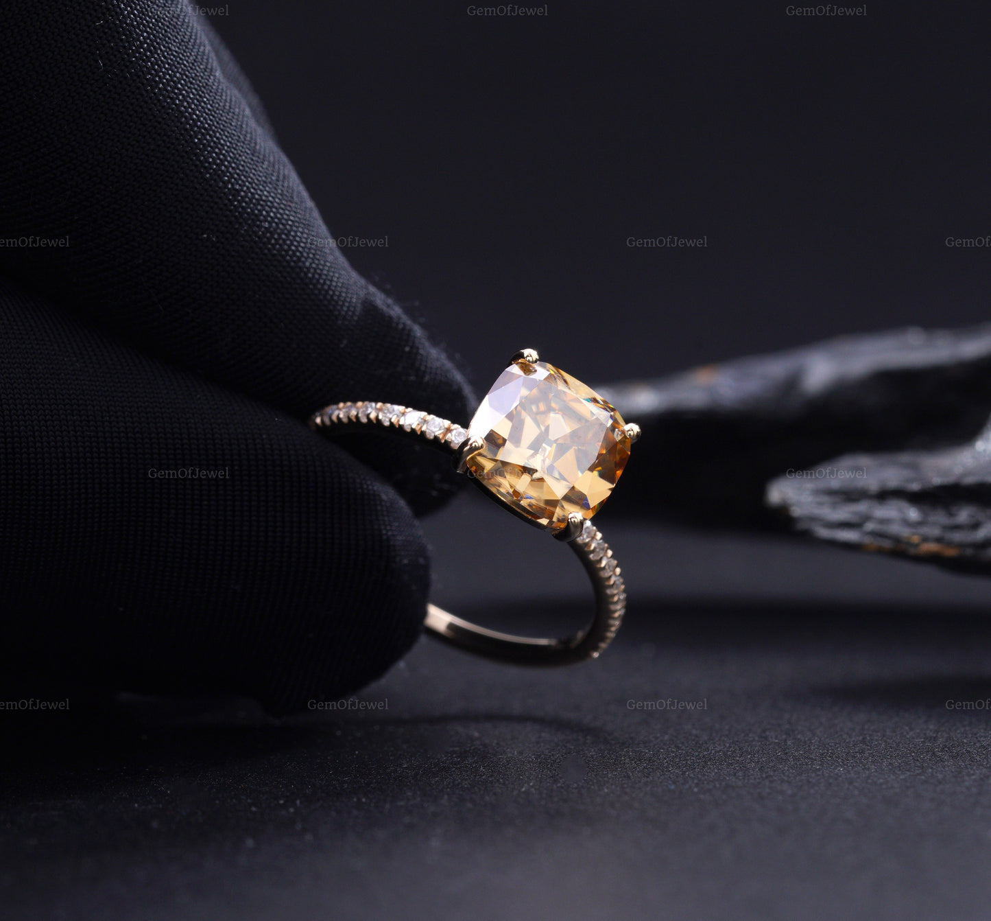 Cushion Champagne Moissanite Diamond Ring With Side Round Moissanite Diamond Ring, Cushion Cut Brown Diamond Ring, Champagne Diamond Ring