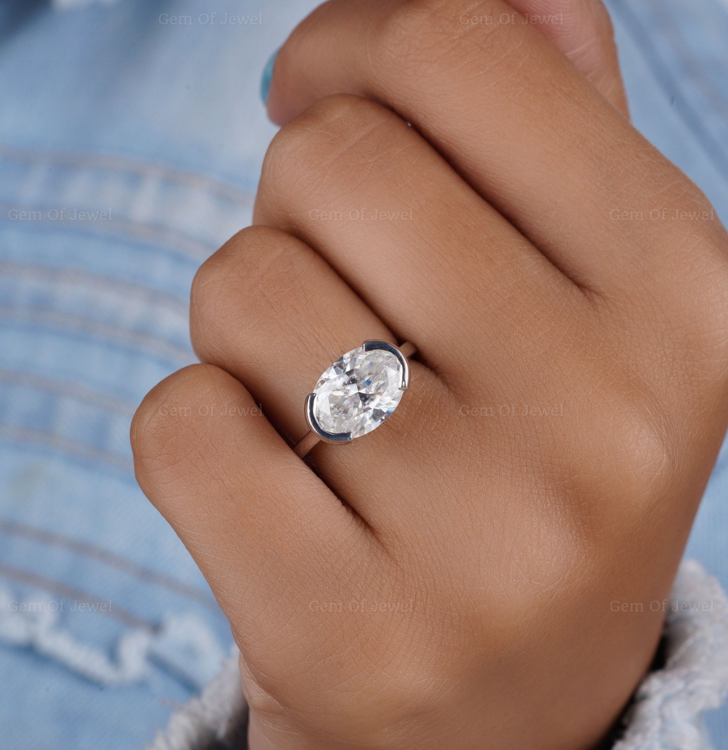 Oval Cut Bezel Set Solitaire Ring, Oval Moissanite Diamond Half Bezel Set Ring, Oval Moissanite Diamond Ring, Half Bezel Set Diamond Ring