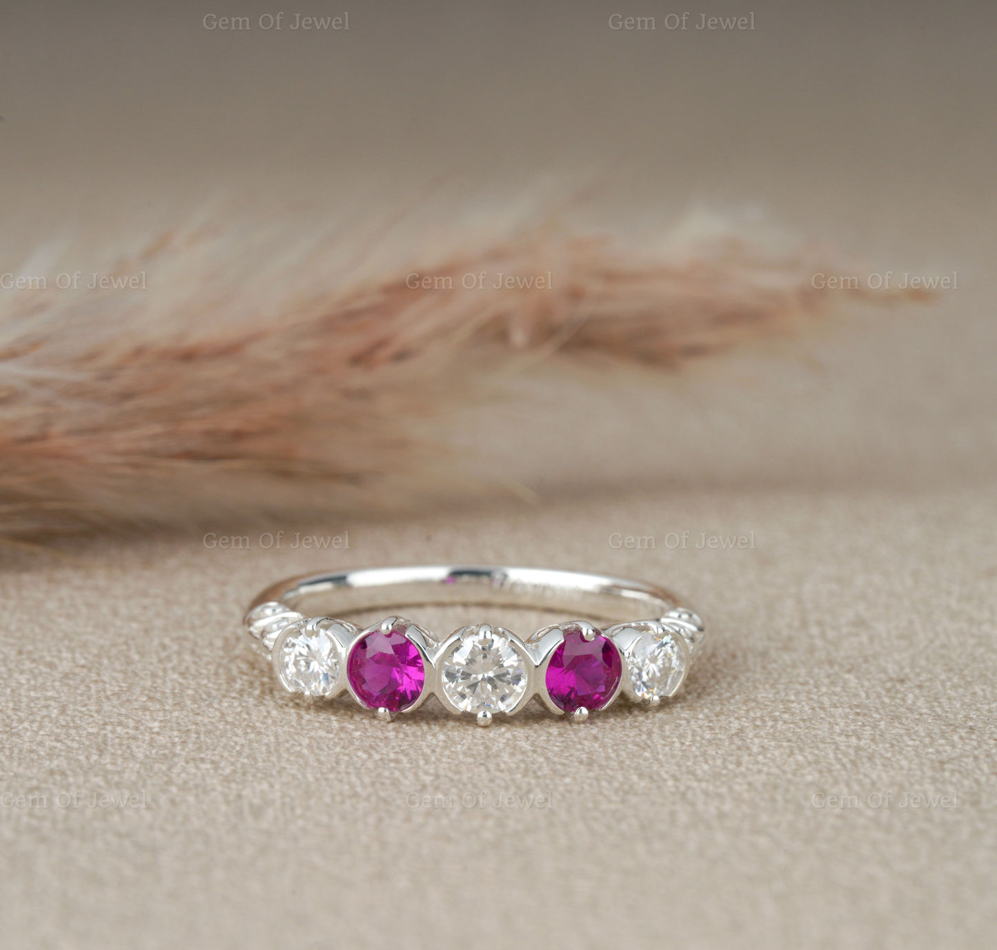 Bezel Set Round Moissanite Diamond And Pink Sapphire 5 Stone Ring, Pink Lab Sapphire Diamond Ring For Her, 5 Stone Moissanite Ring For Her
