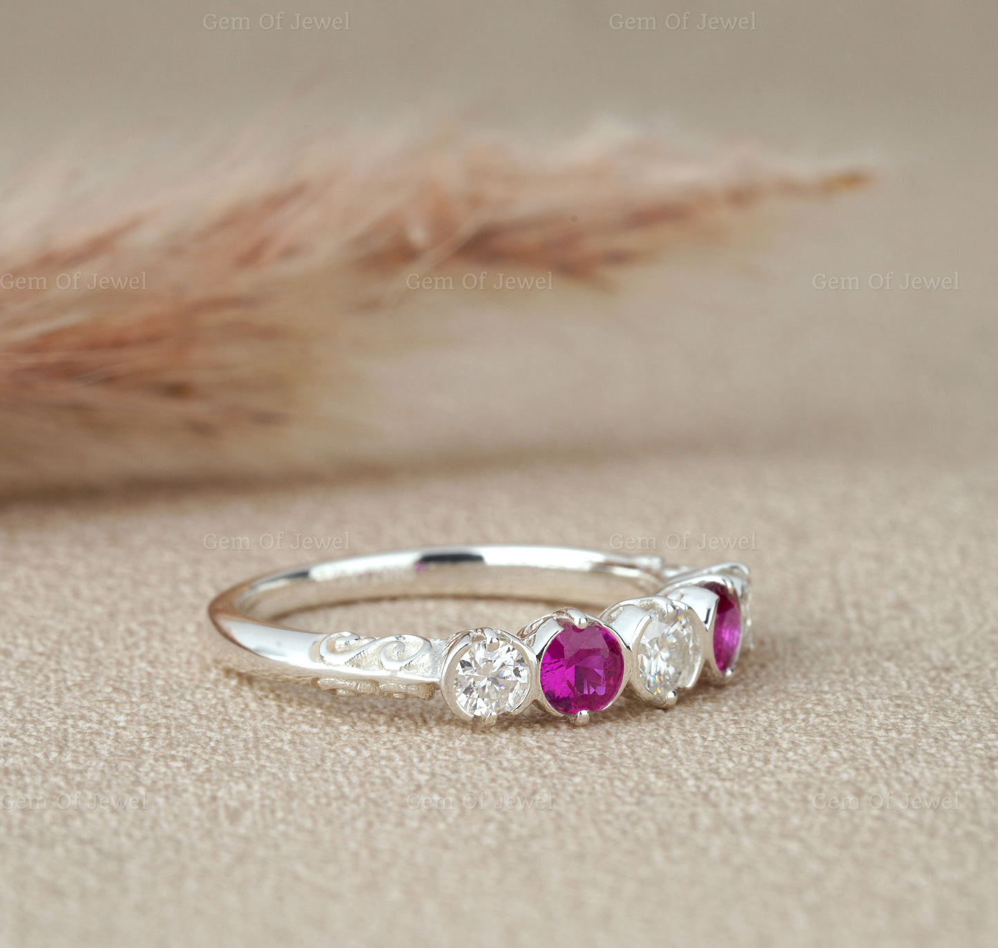Bezel Set Round Moissanite Diamond And Pink Sapphire 5 Stone Ring, Pink Lab Sapphire Diamond Ring For Her, 5 Stone Moissanite Ring For Her