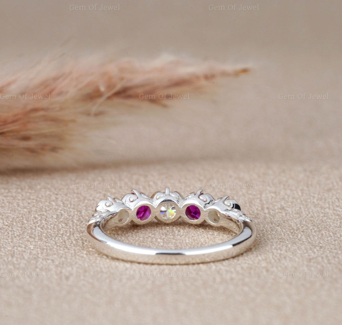Bezel Set Round Moissanite Diamond And Pink Sapphire 5 Stone Ring, Pink Lab Sapphire Diamond Ring For Her, 5 Stone Moissanite Ring For Her
