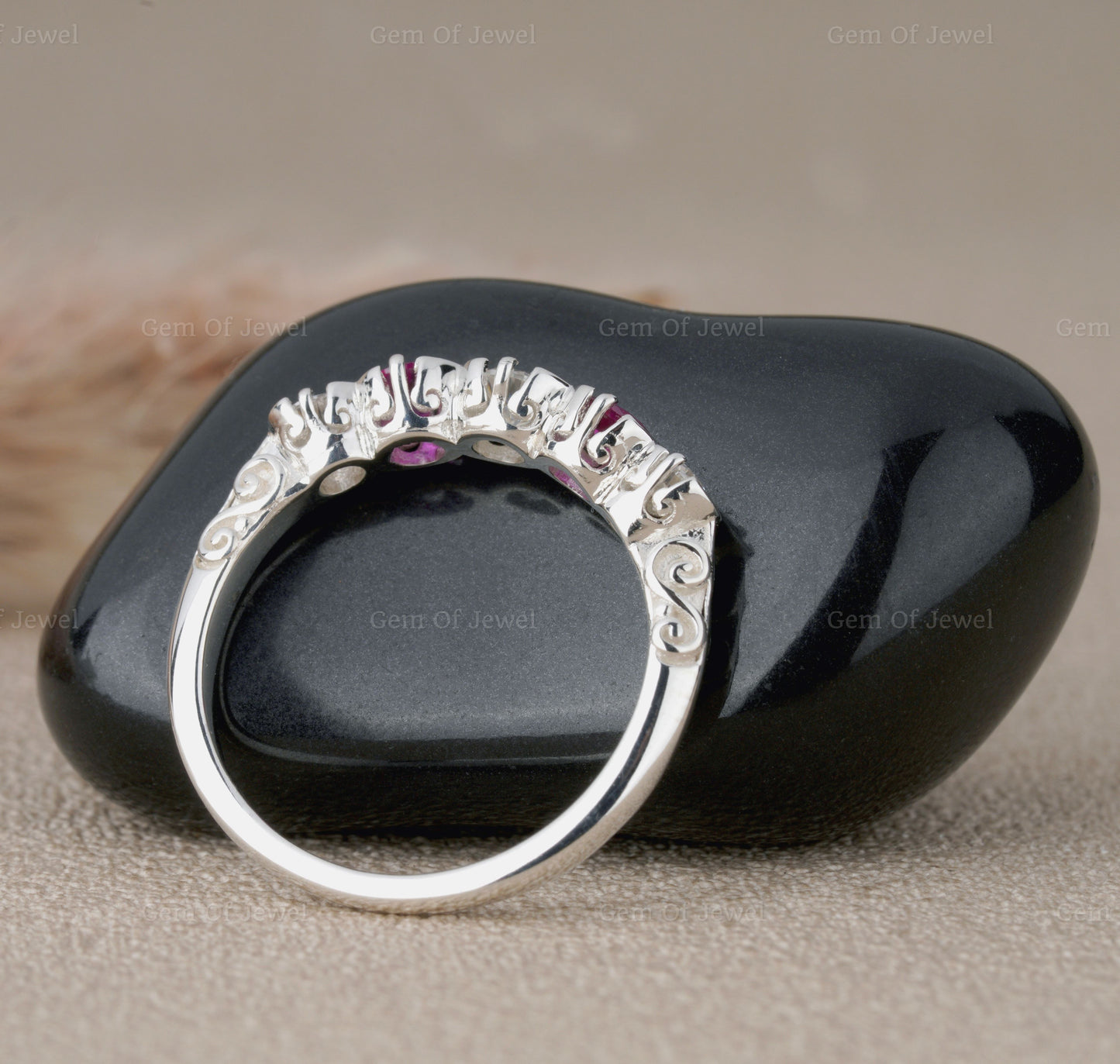 Bezel Set Round Moissanite Diamond And Pink Sapphire 5 Stone Ring, Pink Lab Sapphire Diamond Ring For Her, 5 Stone Moissanite Ring For Her