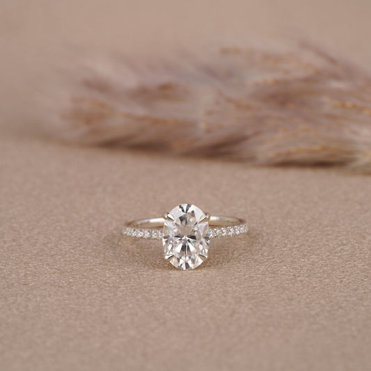 3CT Oval Moissanite Diamond Engagement Ring With Side Round Moissanite Diamond And Hidden Halo Ring, Oval Hidden Halo Diamond Ring For Her