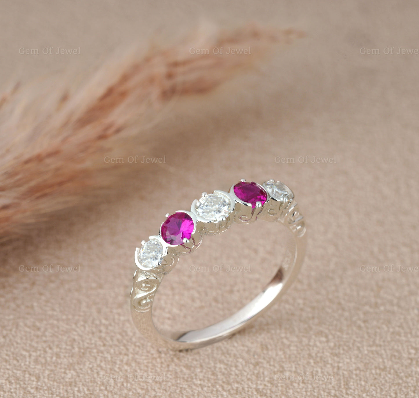 Bezel Set Round Moissanite Diamond And Pink Sapphire 5 Stone Ring, Pink Lab Sapphire Diamond Ring For Her, 5 Stone Moissanite Ring For Her