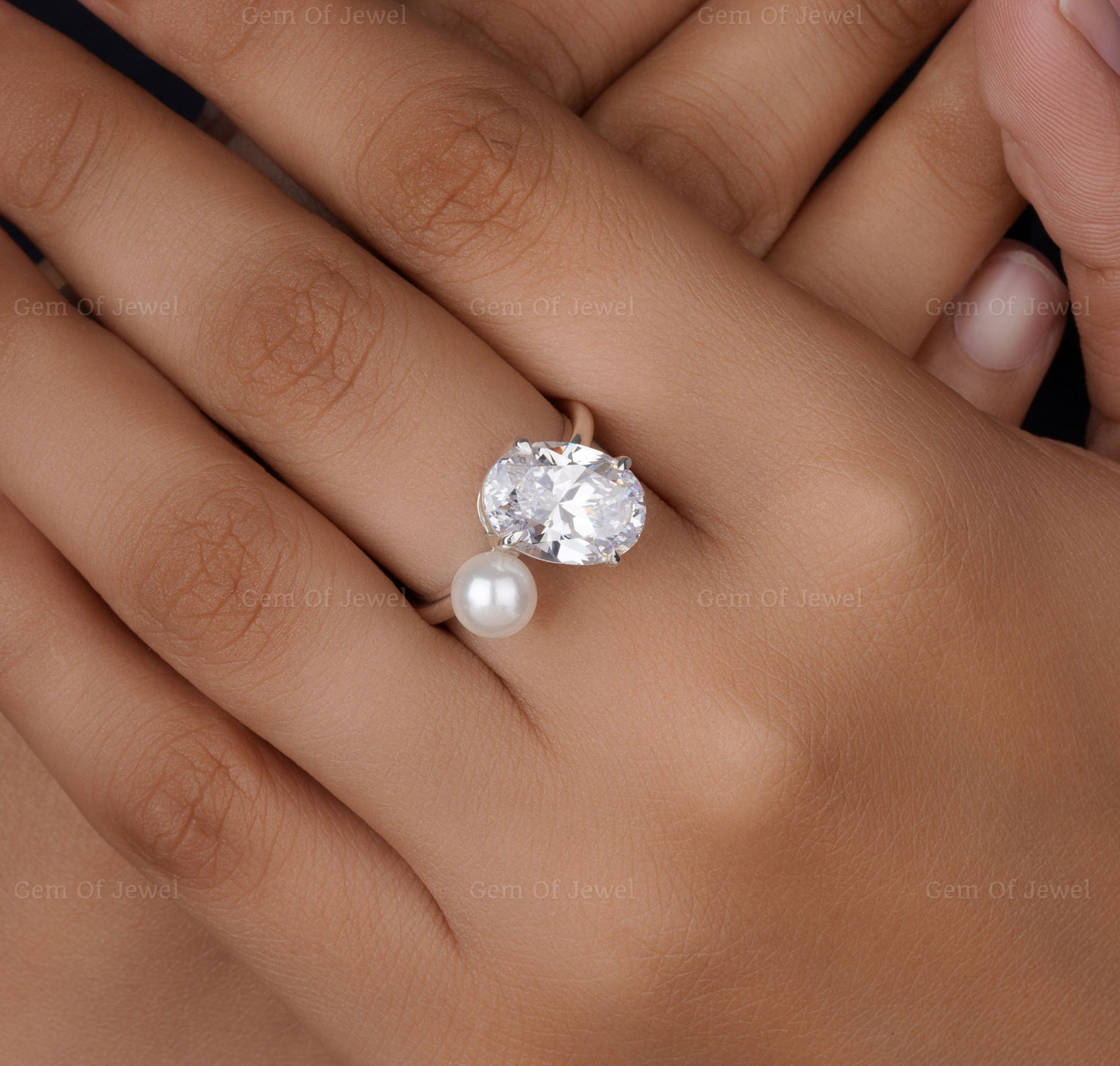 4CT Oval And Pearl Toe Et Moi Ring, Oval Moissanite Diamond Ring With Lab Pearl Two Stone Ring, Two Stone Diamond Ring, Oval Toi Et Moi Ring