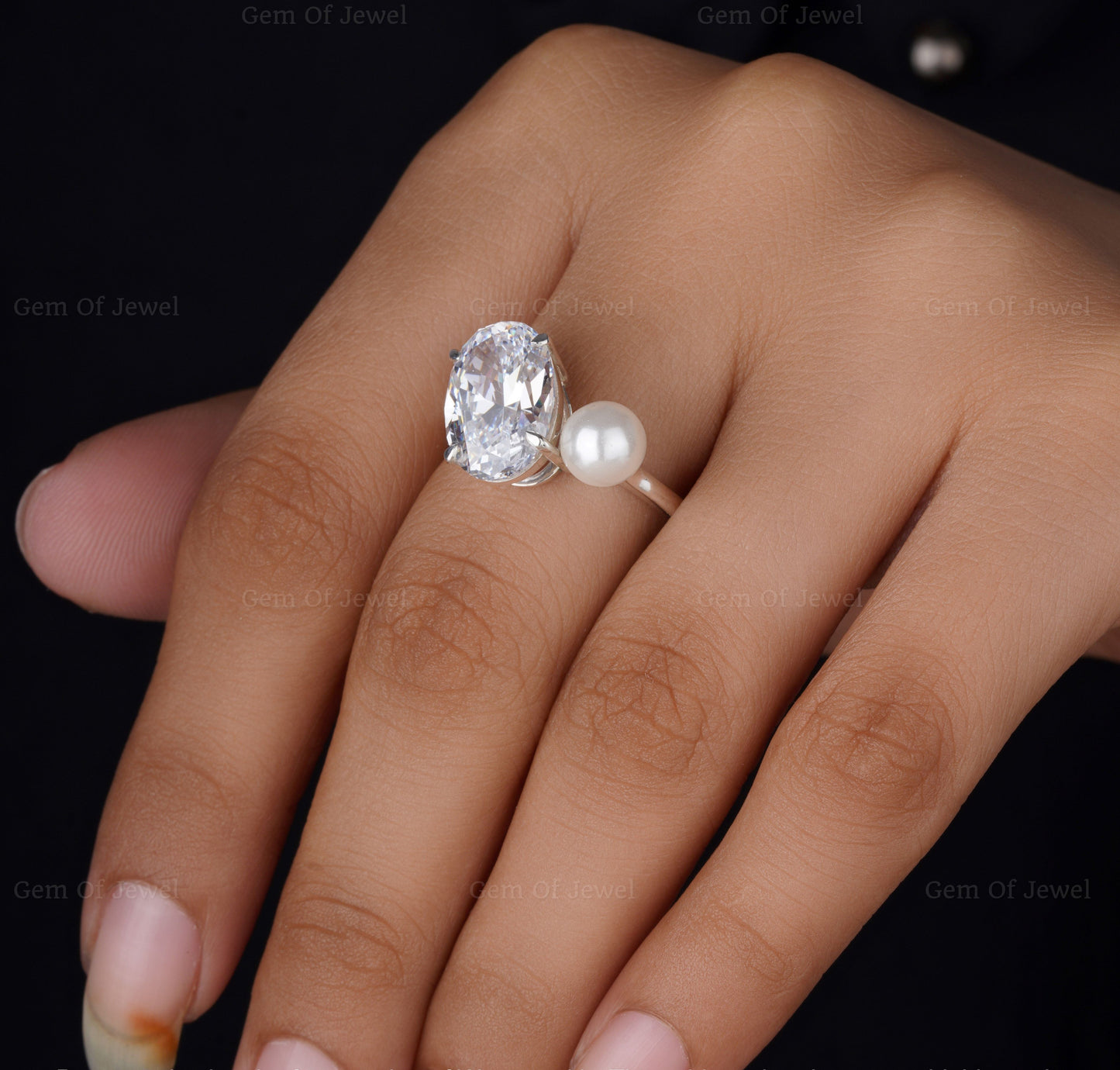 4CT Oval And Pearl Toe Et Moi Ring, Oval Moissanite Diamond Ring With Lab Pearl Two Stone Ring, Two Stone Diamond Ring, Oval Toi Et Moi Ring