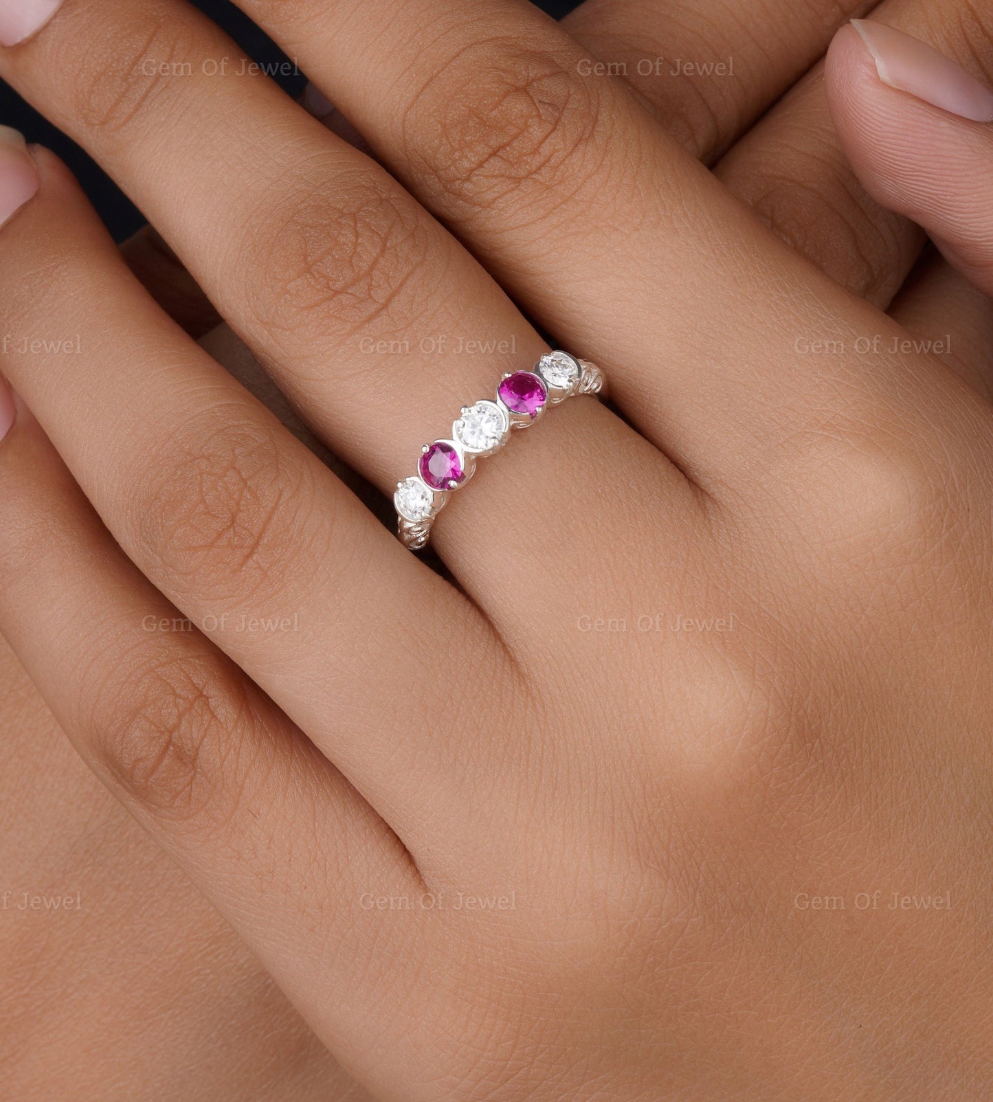 Bezel Set Round Moissanite Diamond And Pink Sapphire 5 Stone Ring, Pink Lab Sapphire Diamond Ring For Her, 5 Stone Moissanite Ring For Her