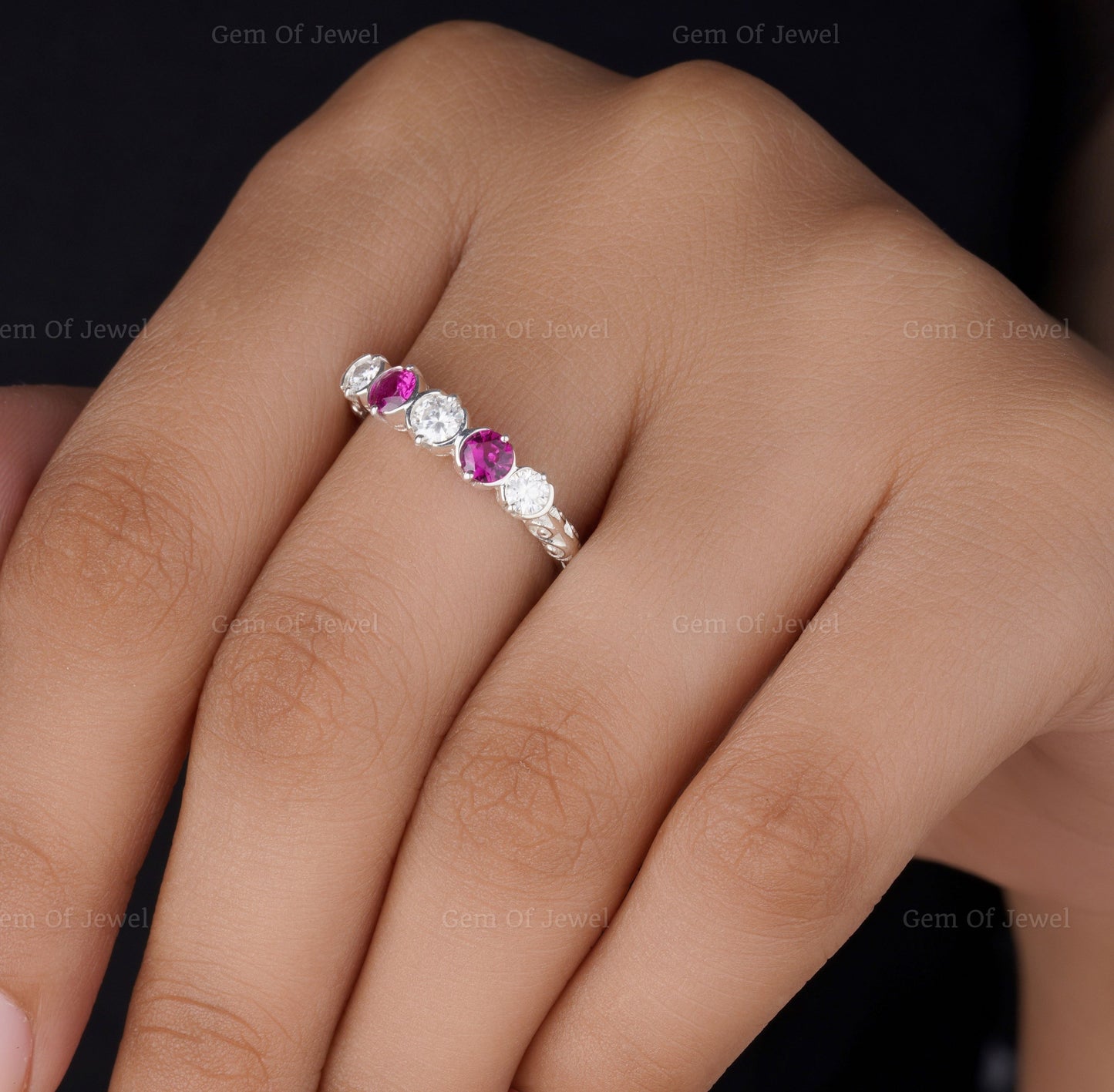 Bezel Set Round Moissanite Diamond And Pink Sapphire 5 Stone Ring, Pink Lab Sapphire Diamond Ring For Her, 5 Stone Moissanite Ring For Her