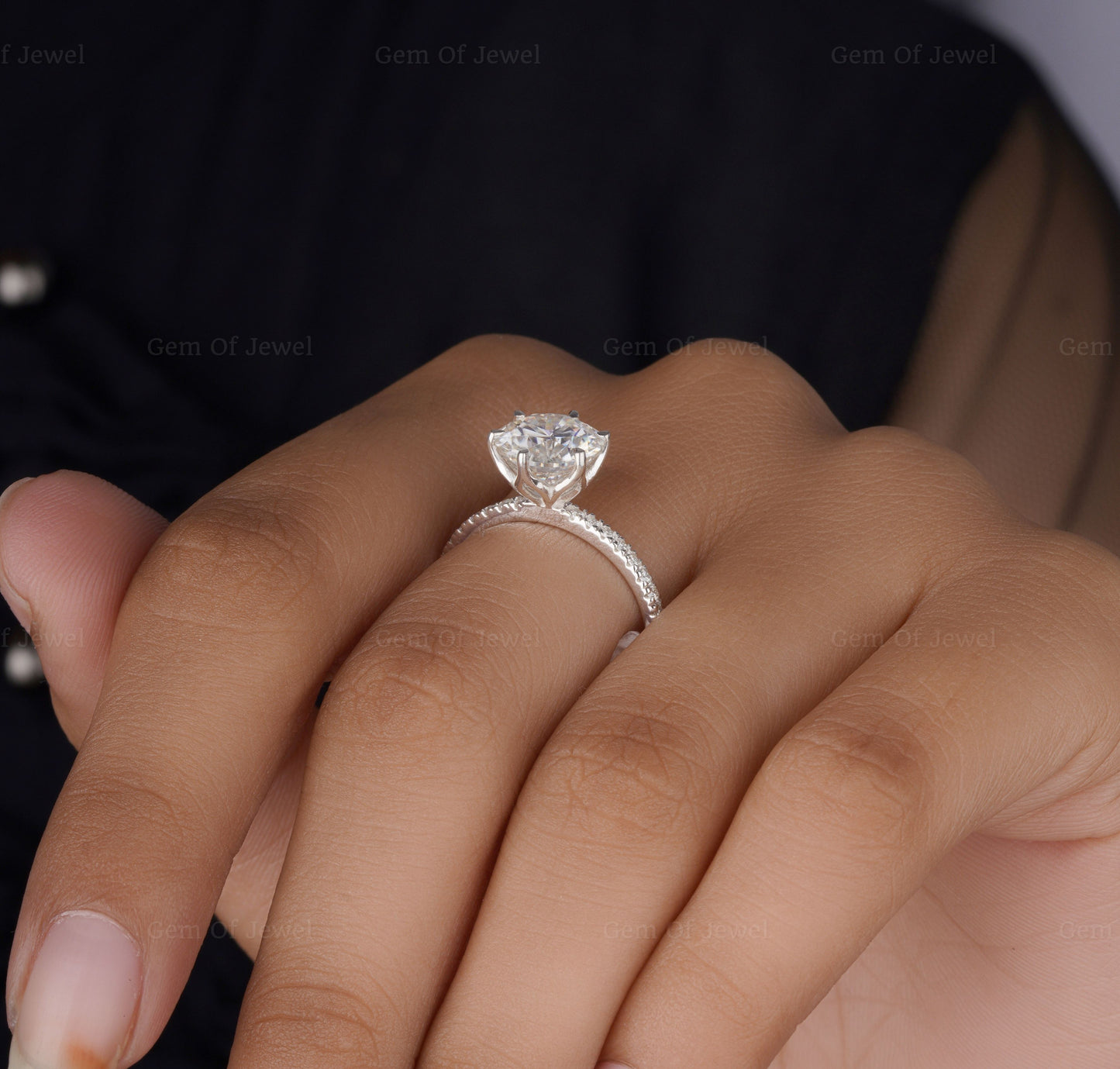 Round Diamond Lotus Prong Engagement Moissanite Diamond Ring With Pave Eternity Band, Petal Prong Ring, Six Prong 2.5CT Round Diamond Ring