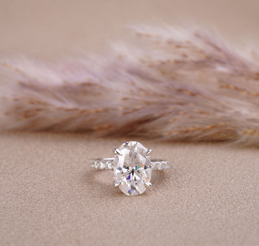 3CT Oval Moissanite Diamond Ring With Side Round Moissanite Diamond And Hidden Halo Ring, Oval Moissanite Diamond Ring For Her, Oval Ring