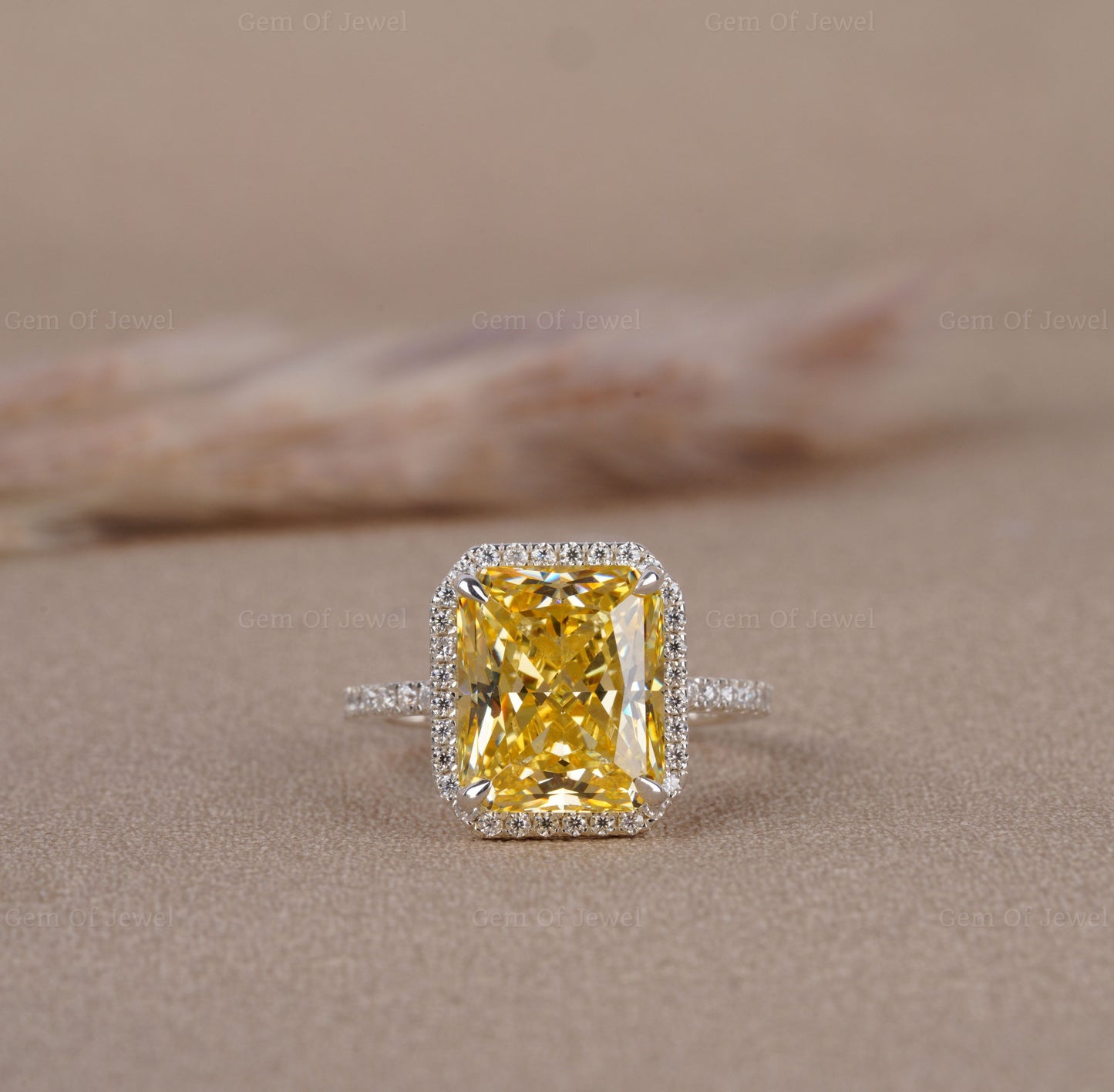 Radiant Diamond Yellow Sapphire Simulated Stone With Halo Of Round Moissanite Diamond And Pave Eternity Band, 14K Gold Ring Gift For Her