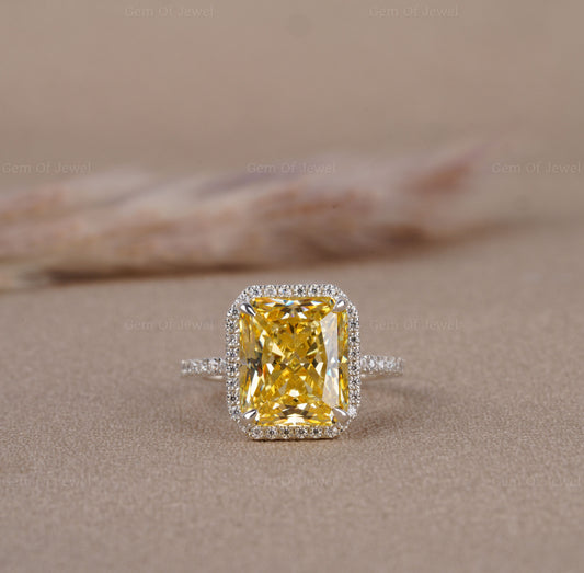 Radiant Diamond Yellow Sapphire Simulated Stone With Halo Of Round Moissanite Diamond And Pave Eternity Band, 14K Gold Ring Gift For Her