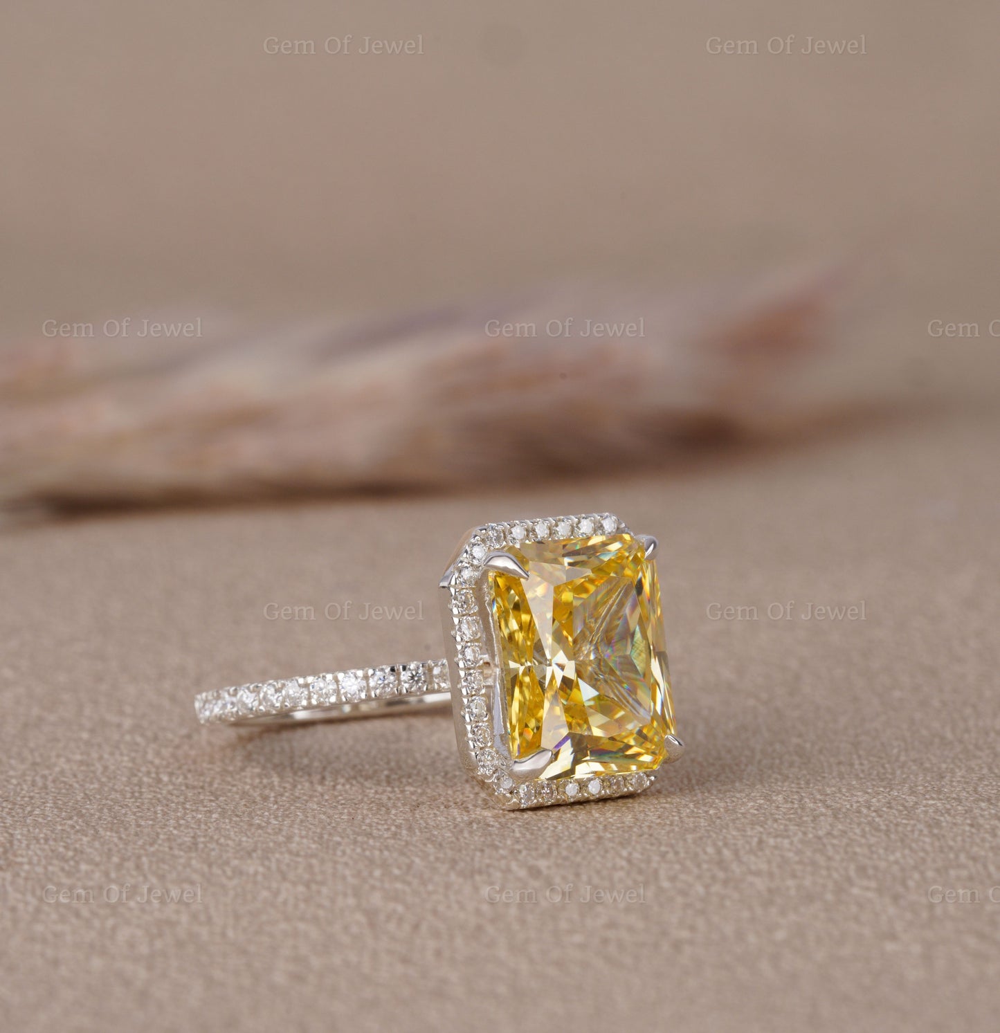 Radiant Diamond Yellow Sapphire Simulated Stone With Halo Of Round Moissanite Diamond And Pave Eternity Band, 14K Gold Ring Gift For Her