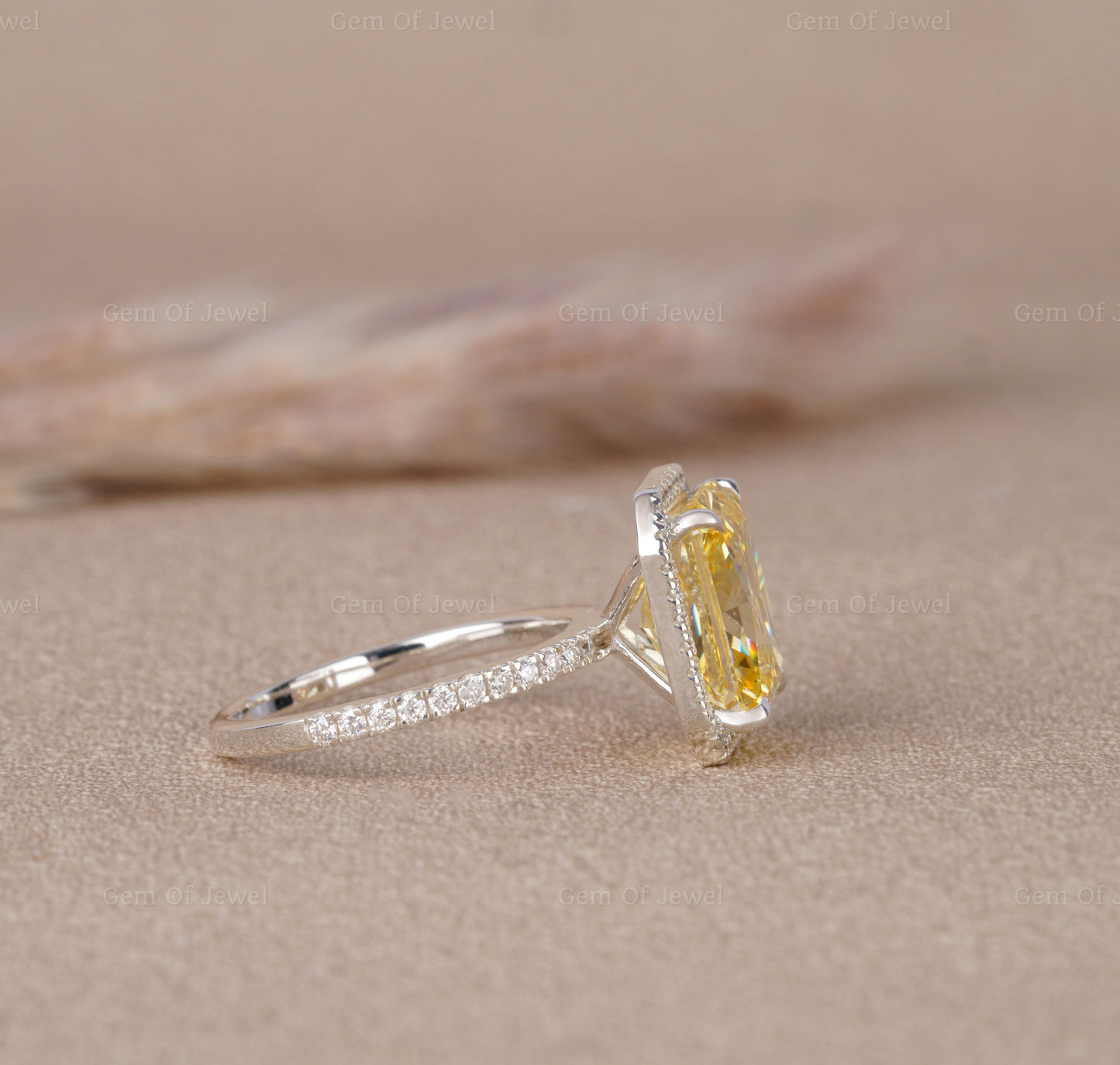 Radiant Diamond Yellow Sapphire Simulated Stone With Halo Of Round Moissanite Diamond And Pave Eternity Band, 14K Gold Ring Gift For Her