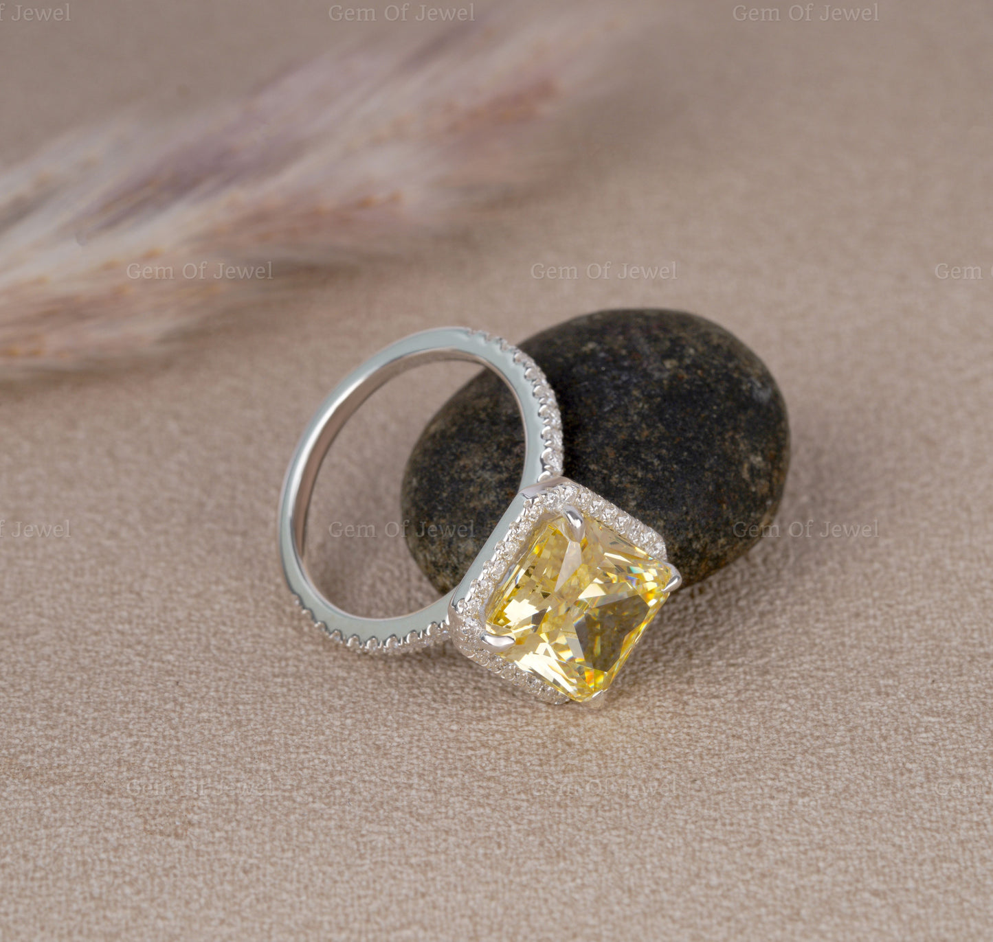 Radiant Diamond Yellow Sapphire Simulated Stone With Halo Of Round Moissanite Diamond And Pave Eternity Band, 14K Gold Ring Gift For Her