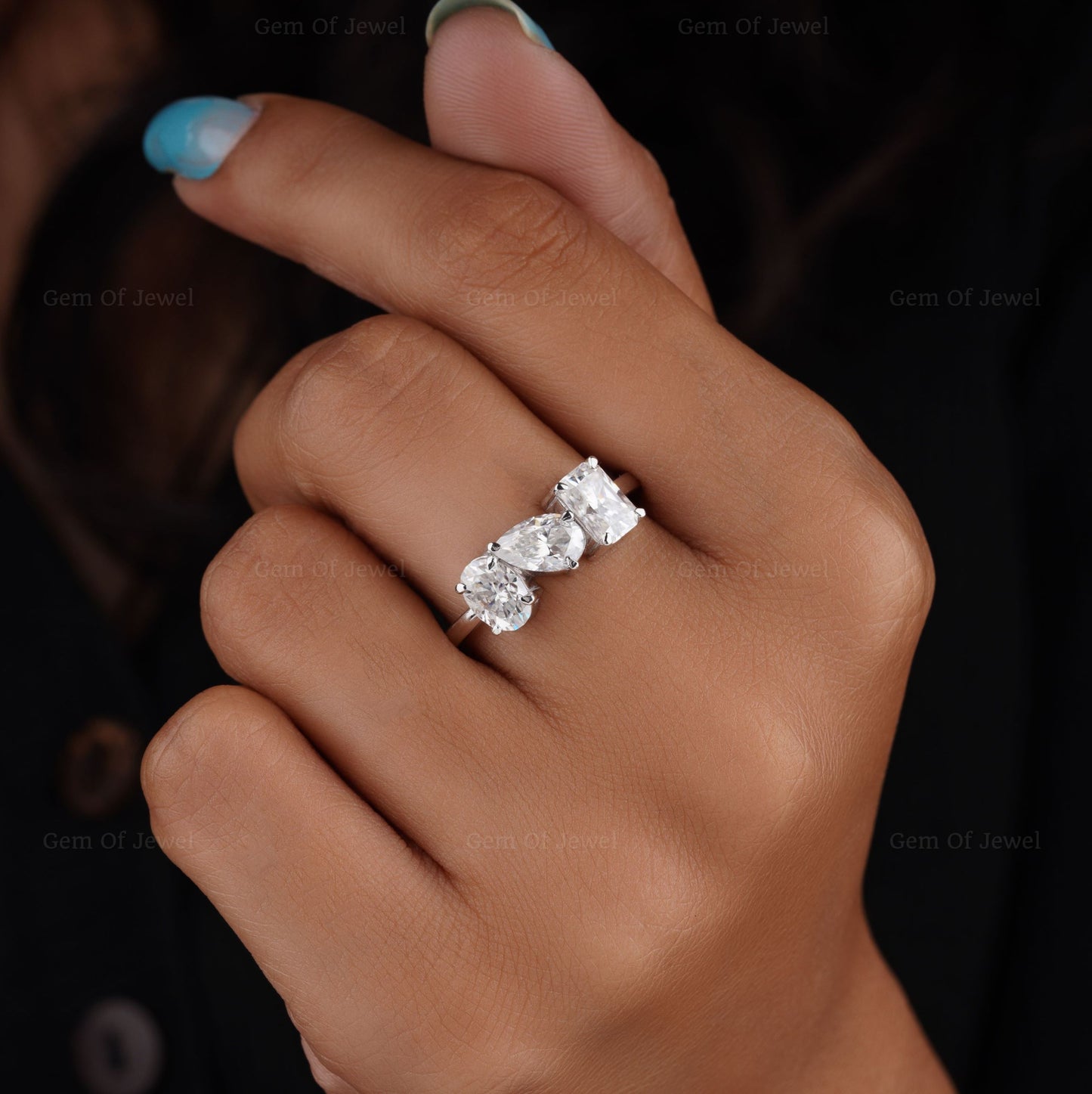 Three Stone Pear, Radiant And Oval Moissanite Diamond Off Set Multi Stone Ring, 3 Stone Ring, Pear Three Stone Ring, Oval Three Stone Ring