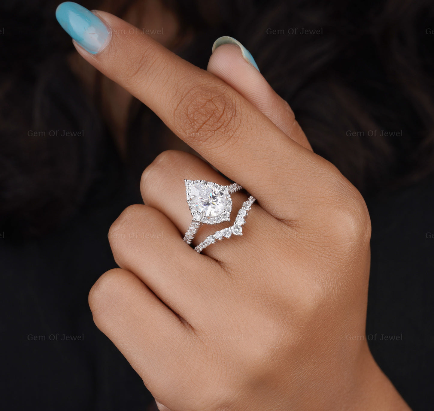 2CT Pear Diamond Moissanite Diamond Ring With Unique Halo And Matching Round Moissanite Diamond Band, Bridal Ring Set For Her, Wedding Set