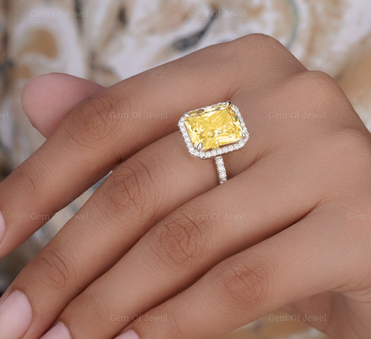 Radiant Diamond Yellow Sapphire Simulated Stone With Halo Of Round Moissanite Diamond And Pave Eternity Band, 14K Gold Ring Gift For Her
