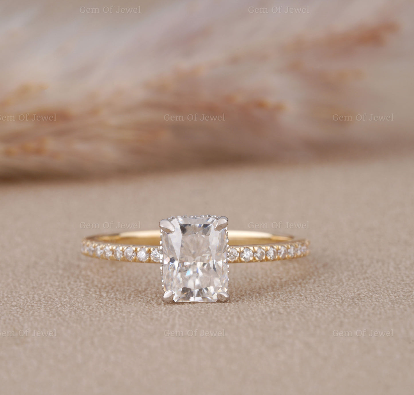 Two Tone Gold Radiant Moissanite Diamond Ring With Halo Of Round Moissanite Diamond And Pave Half Eternity Diamonds, Radiant Diamond Ring