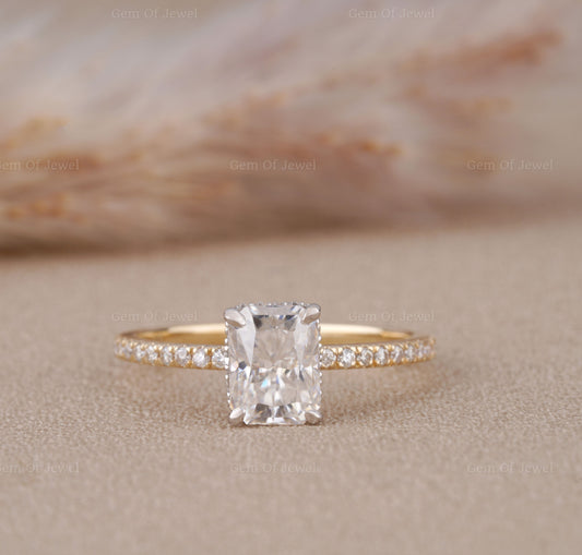 Two Tone Gold Radiant Moissanite Diamond Ring With Halo Of Round Moissanite Diamond And Pave Half Eternity Diamonds, Radiant Diamond Ring