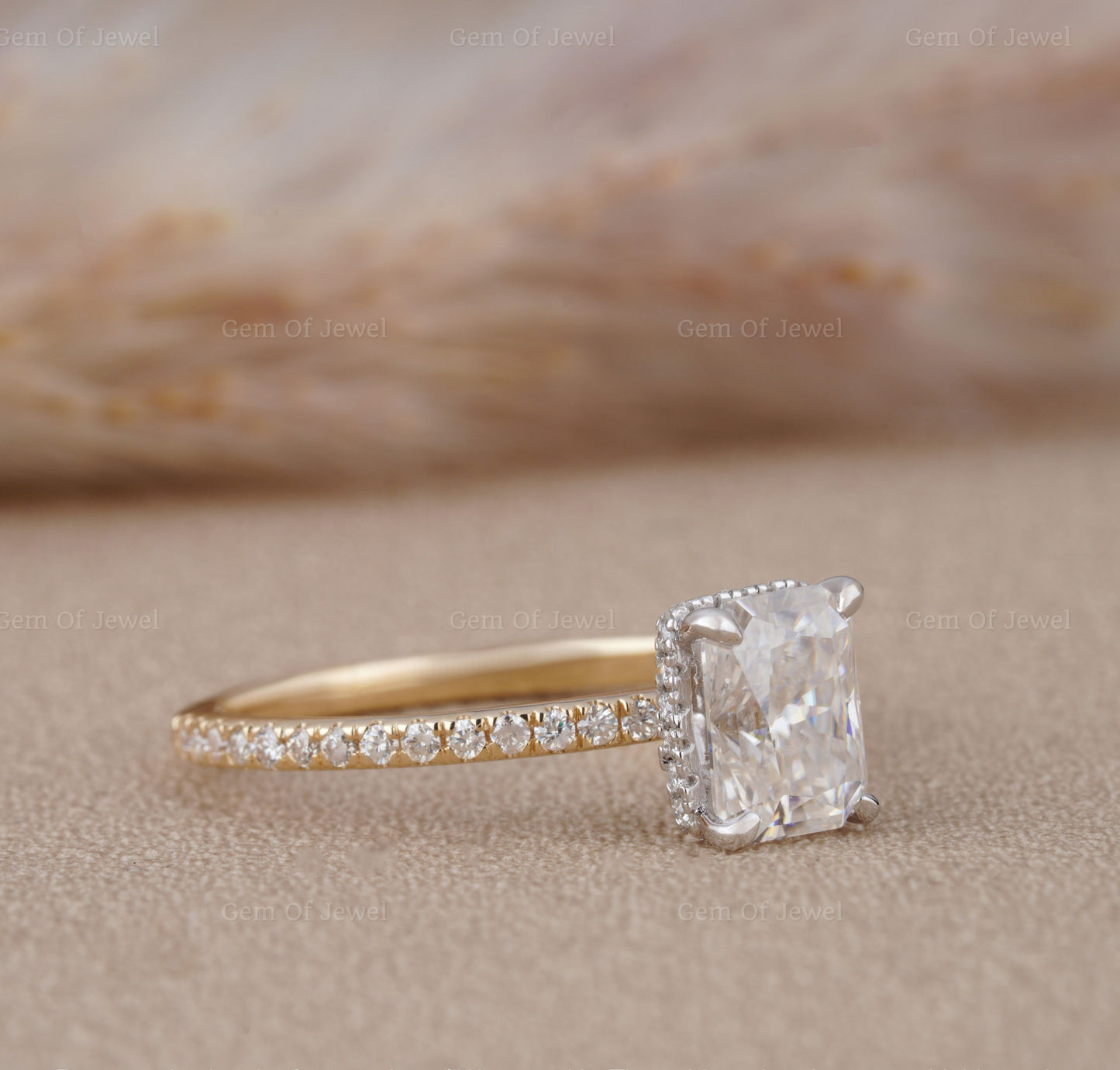 Two Tone Gold Radiant Moissanite Diamond Ring With Halo Of Round Moissanite Diamond And Pave Half Eternity Diamonds, Radiant Diamond Ring