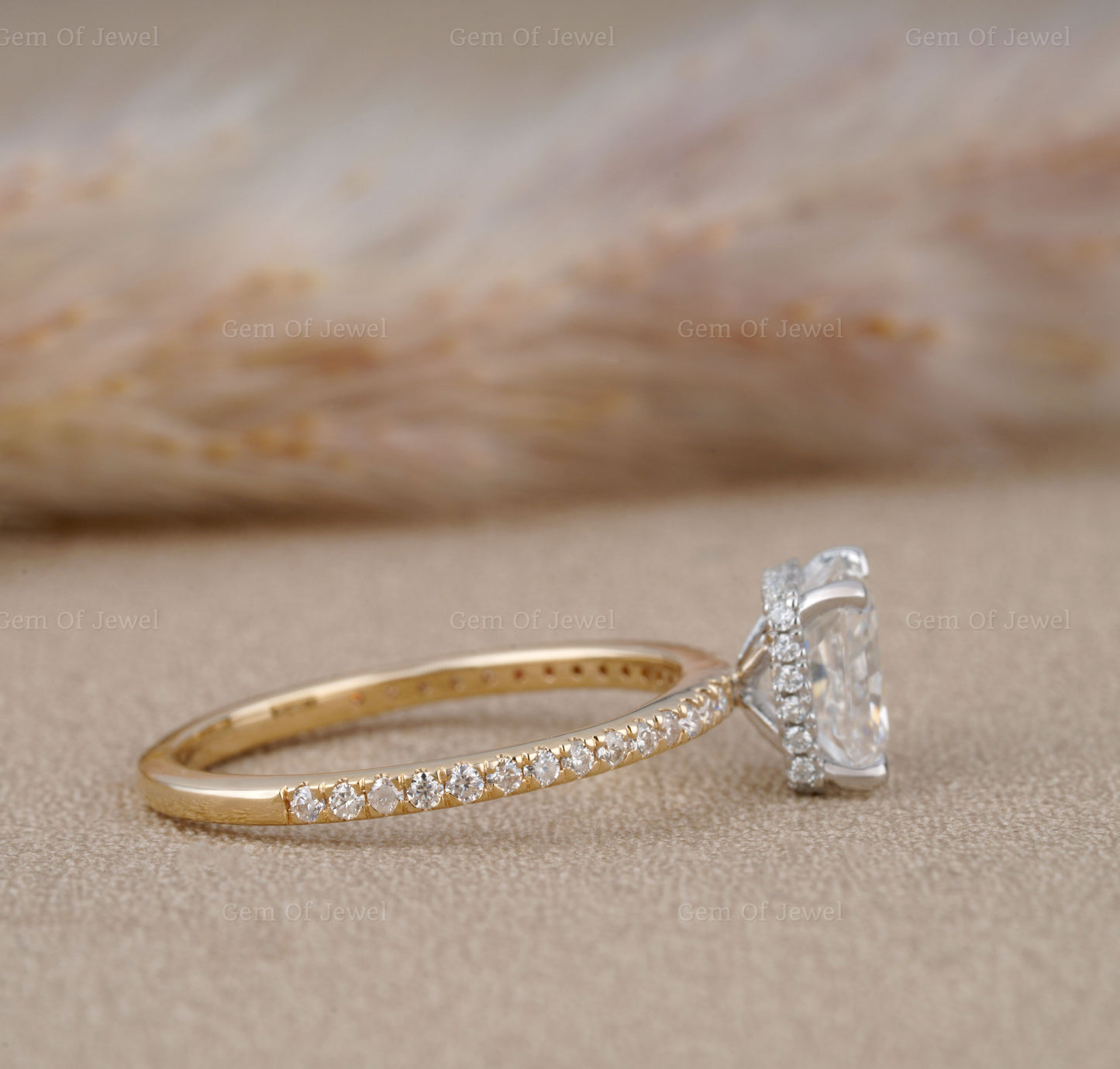 Two Tone Gold Radiant Moissanite Diamond Ring With Halo Of Round Moissanite Diamond And Pave Half Eternity Diamonds, Radiant Diamond Ring