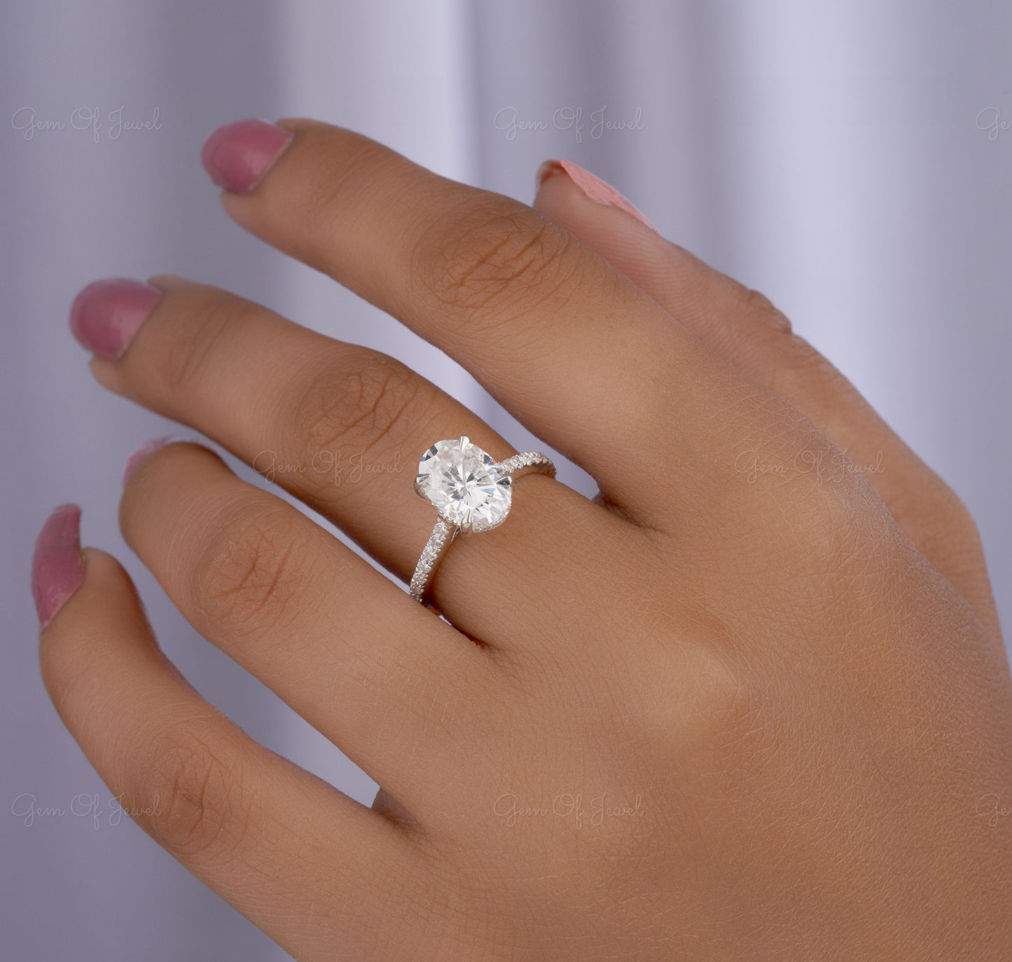 3CT Oval Moissanite Diamond Engagement Ring With Side Round Moissanite Diamond And Hidden Halo Ring, Oval Hidden Halo Diamond Ring For Her