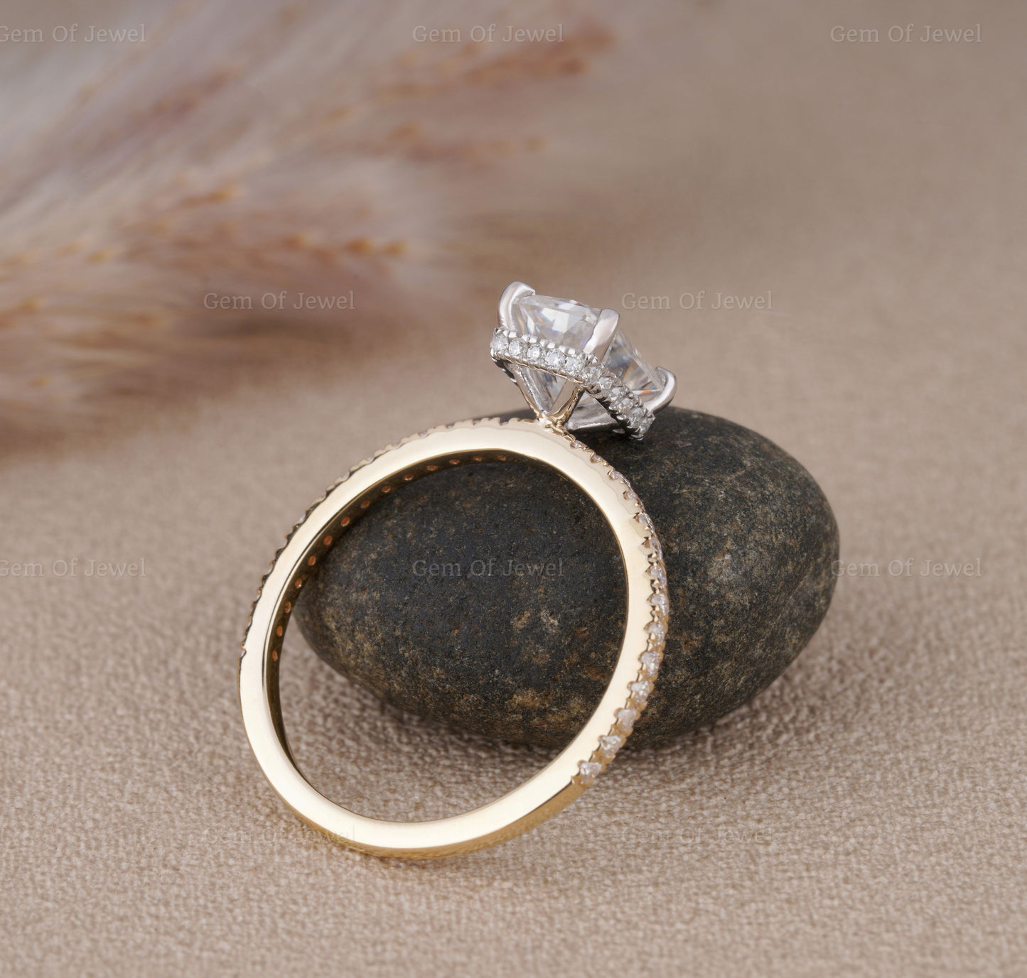 Two Tone Gold Radiant Moissanite Diamond Ring With Halo Of Round Moissanite Diamond And Pave Half Eternity Diamonds, Radiant Diamond Ring