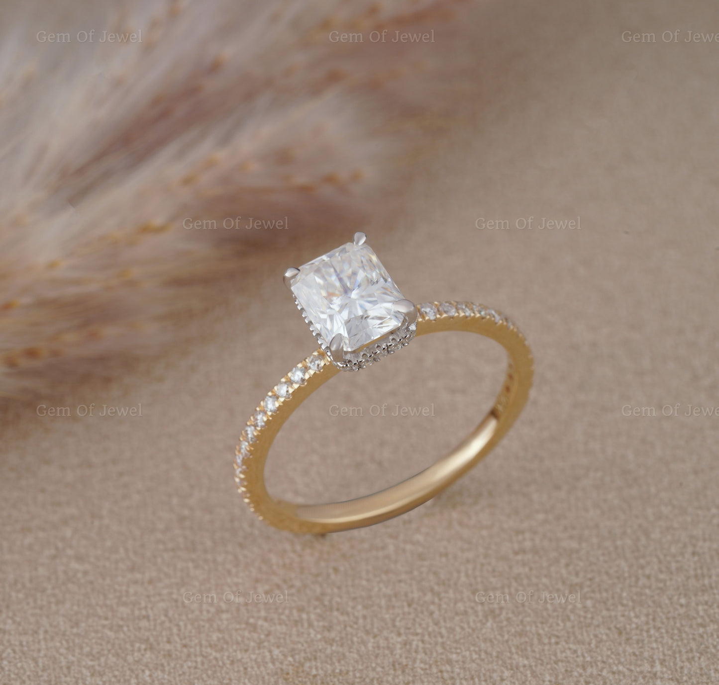 Two Tone Gold Radiant Moissanite Diamond Ring With Halo Of Round Moissanite Diamond And Pave Half Eternity Diamonds, Radiant Diamond Ring