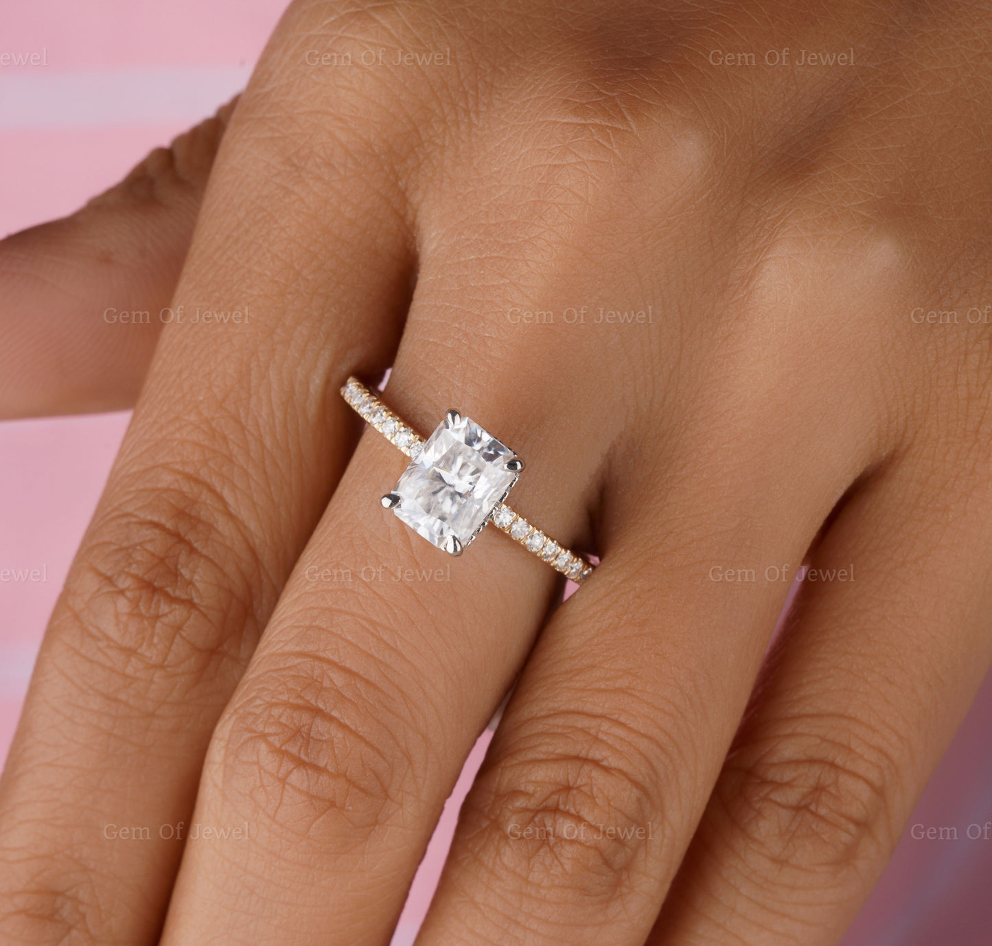 Two Tone Gold Radiant Moissanite Diamond Ring With Halo Of Round Moissanite Diamond And Pave Half Eternity Diamonds, Radiant Diamond Ring
