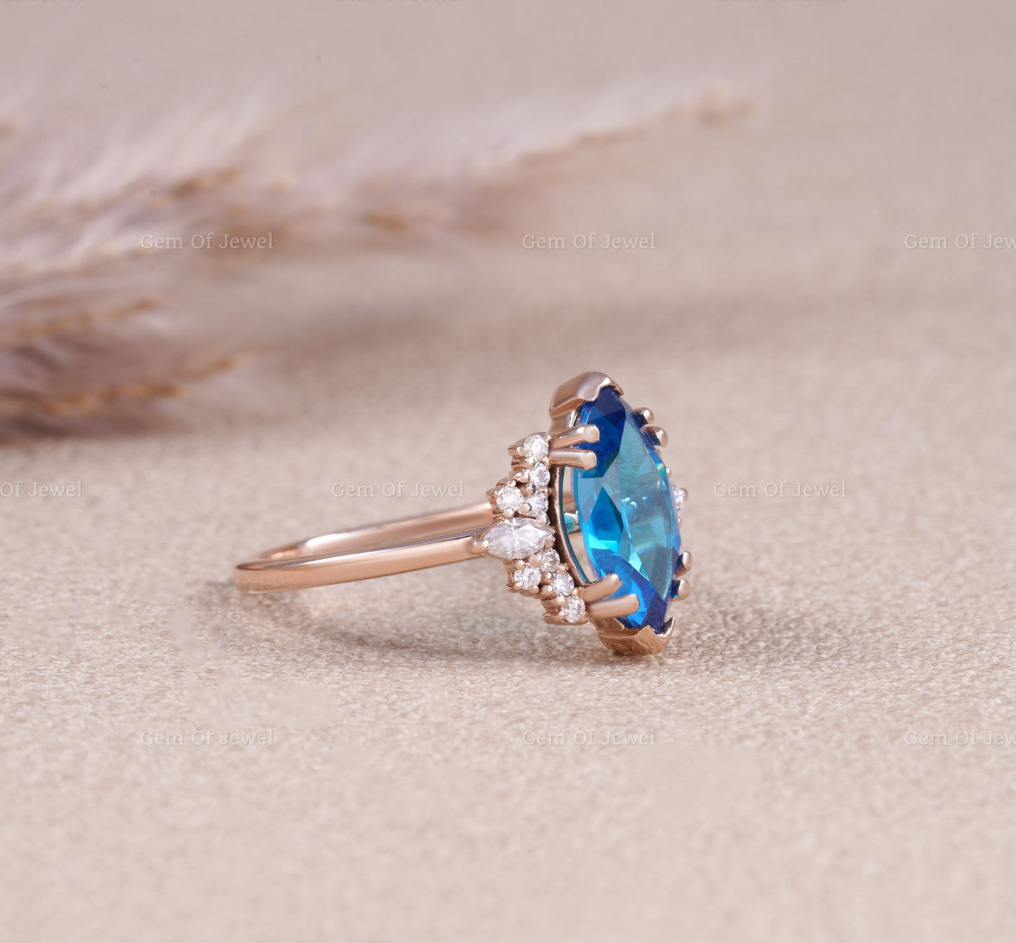 Blue Sapphire Marquise Lab Diamond Ring, Marquise Lab Diamond With Side Moissanite Diamond Ring, Blue Marquise Diamond Cluster Ring For Her