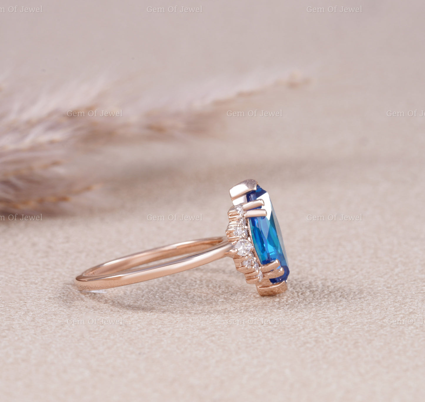 Blue Sapphire Marquise Lab Diamond Ring, Marquise Lab Diamond With Side Moissanite Diamond Ring, Blue Marquise Diamond Cluster Ring For Her