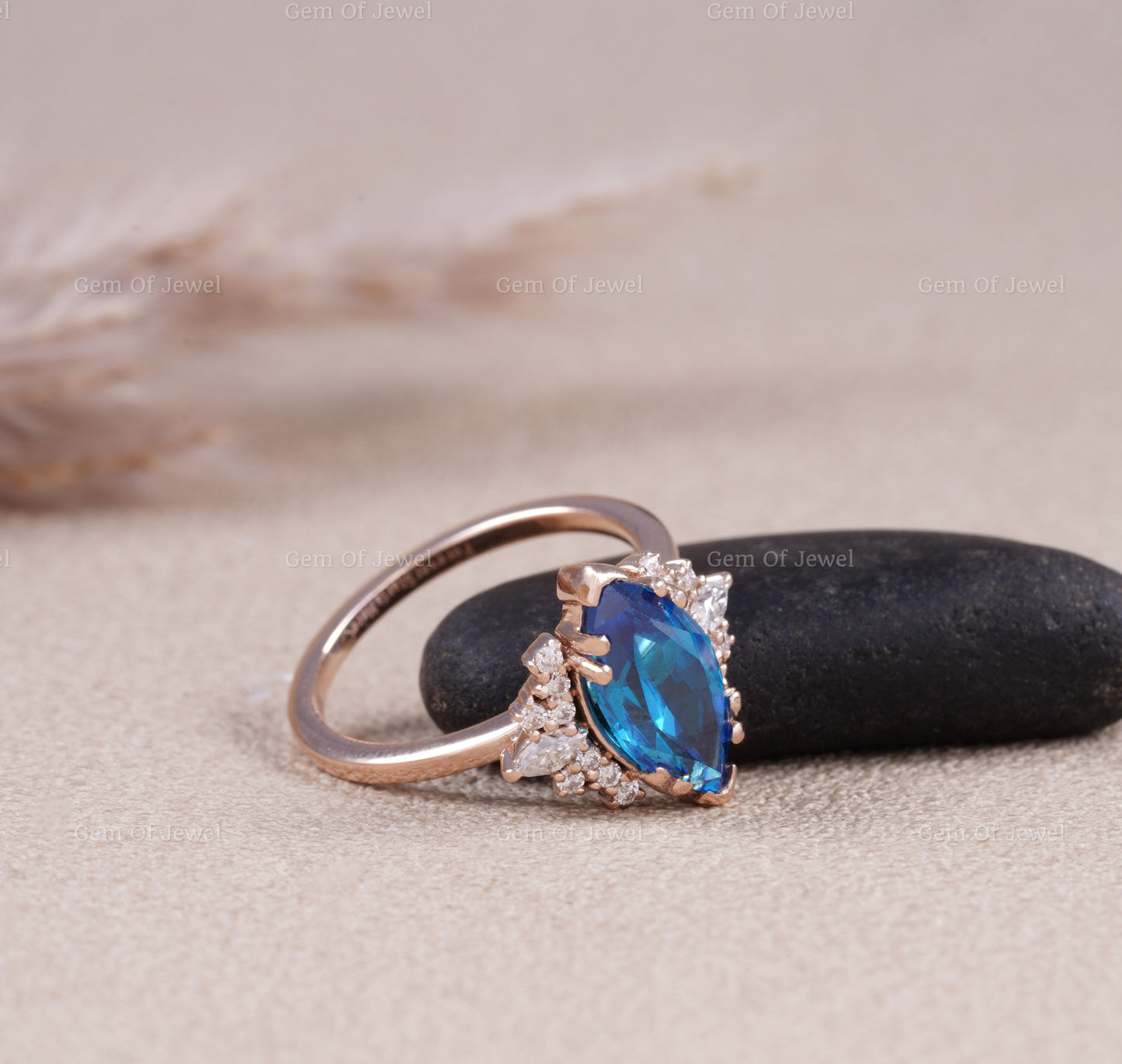 Blue Sapphire Marquise Lab Diamond Ring, Marquise Lab Diamond With Side Moissanite Diamond Ring, Blue Marquise Diamond Cluster Ring For Her