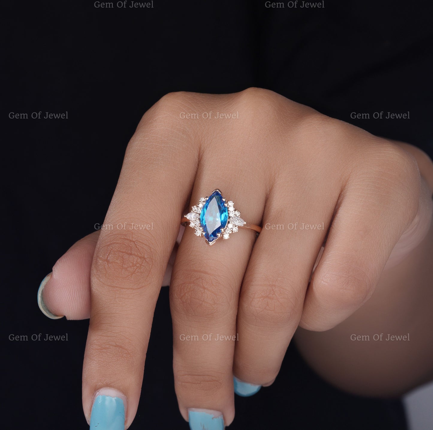Blue Sapphire Marquise Lab Diamond Ring, Marquise Lab Diamond With Side Moissanite Diamond Ring, Blue Marquise Diamond Cluster Ring For Her