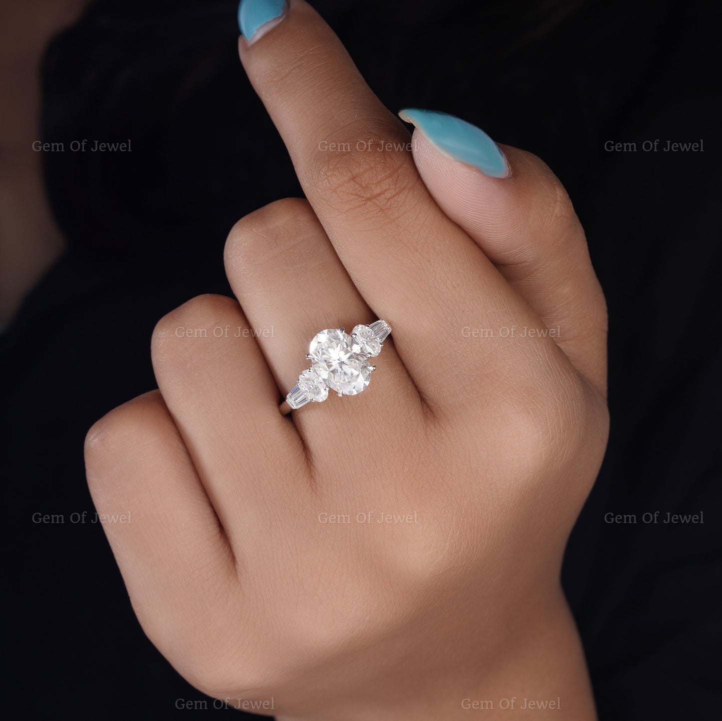 Oval Moissanite Diamond Ring With Side Oval With Tapered Baguette Moissanite 5 Stone Diamond Ring For Her, Oval Cluster Diamond Ring