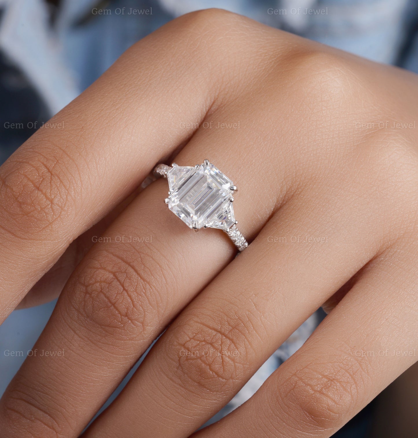 3CT Emerald Diamond Moissanite Three Stone Ring with Modified Trapezoid Moissanite Euro Shank Ring, 3CT Emerald Moissanite Diamond Ring