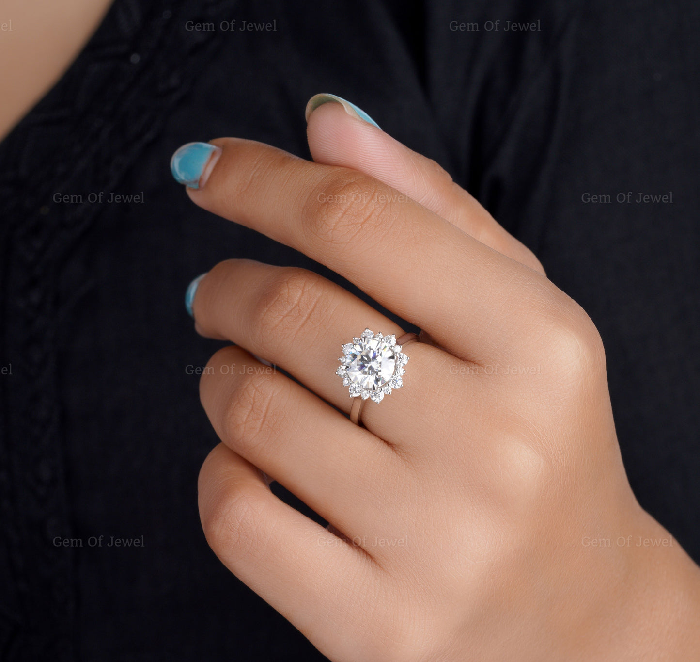 2CT Round Moissanite Diamond Halo Engagement Ring For Her, Round Moissanite Ring For Her, Round Halo Ring, Starburst Halo Moissanite Ring