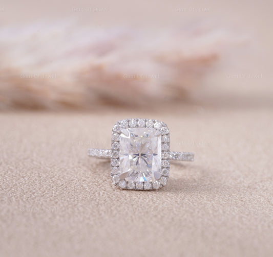Petal Prong Ring With Radiant Moissanite Diamond With Halo Of Round Moissanite Diamond Solid Gold Ring, Lotus Prong Ring, Radiant Cut Ring