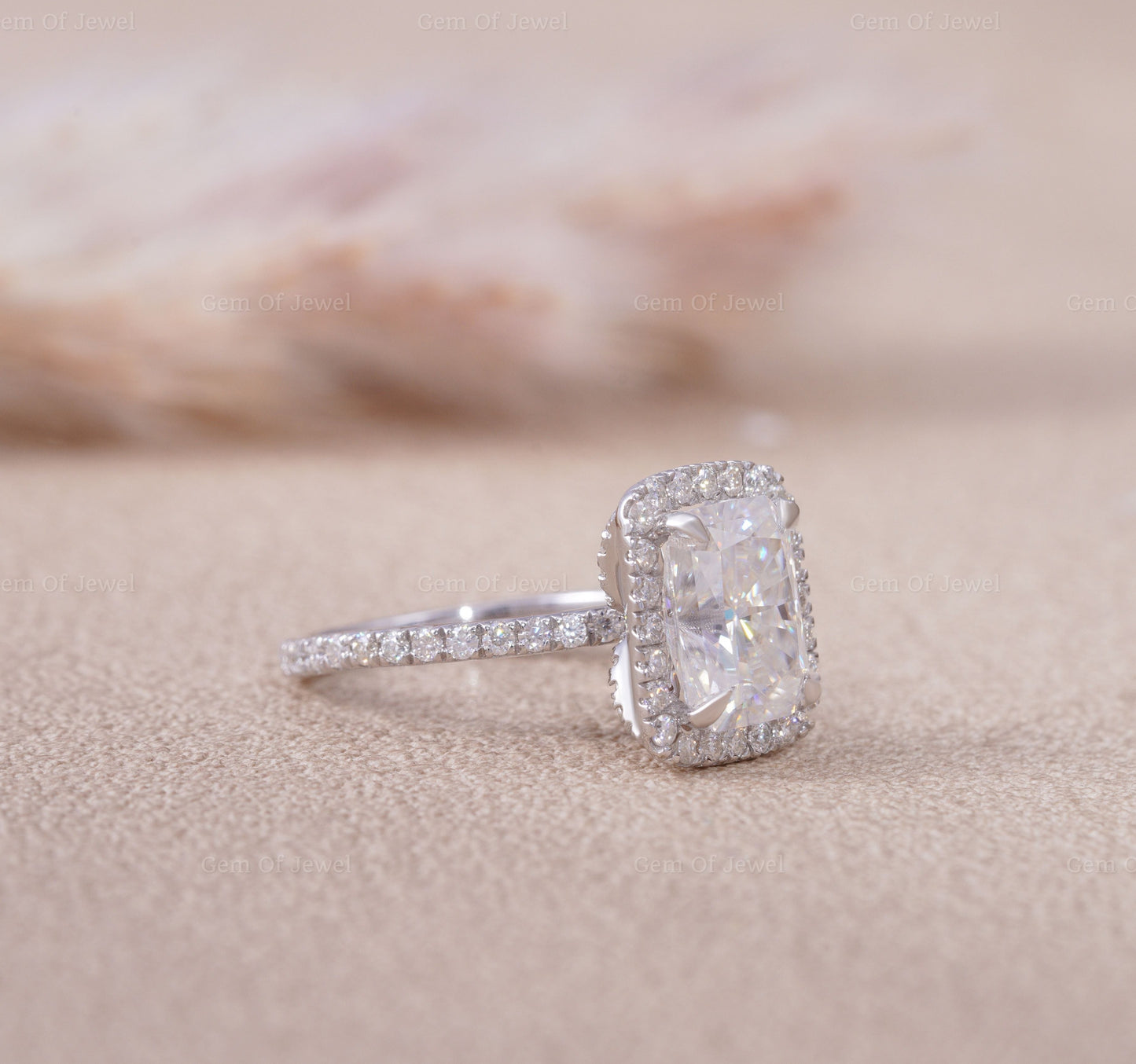 Petal Prong Ring With Radiant Moissanite Diamond With Halo Of Round Moissanite Diamond Solid Gold Ring, Lotus Prong Ring, Radiant Cut Ring