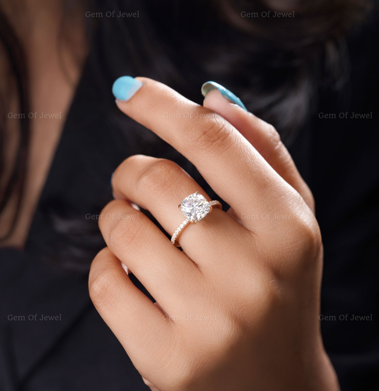 Cushion Moissanite 2CT Diamond With Round Moissanite Diamond 3/4 Pave Eternity Ring, Cushion Cut Moissanite Diamond Engagement Ring For Her