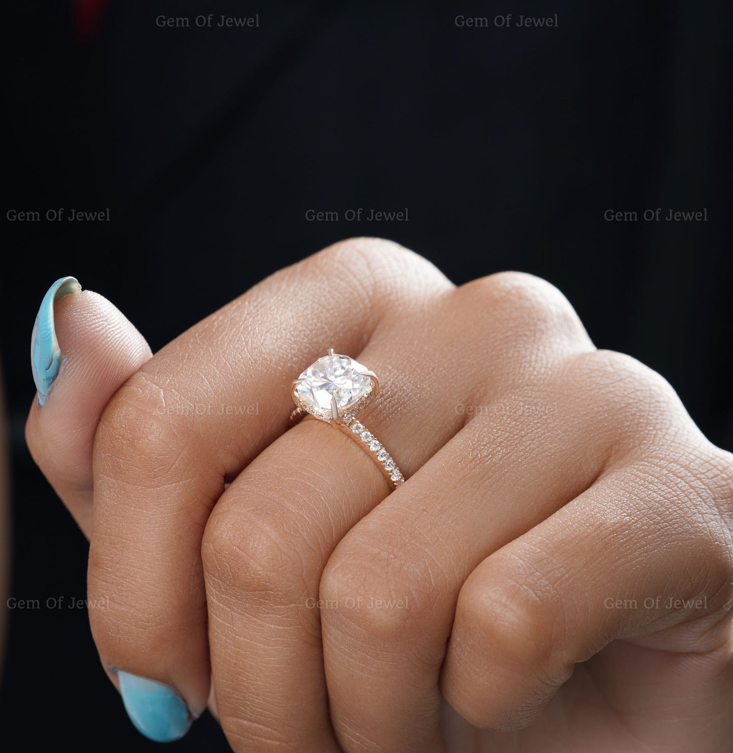 Cushion Moissanite 2CT Diamond With Round Moissanite Diamond 3/4 Pave Eternity Ring, Cushion Cut Moissanite Diamond Engagement Ring For Her