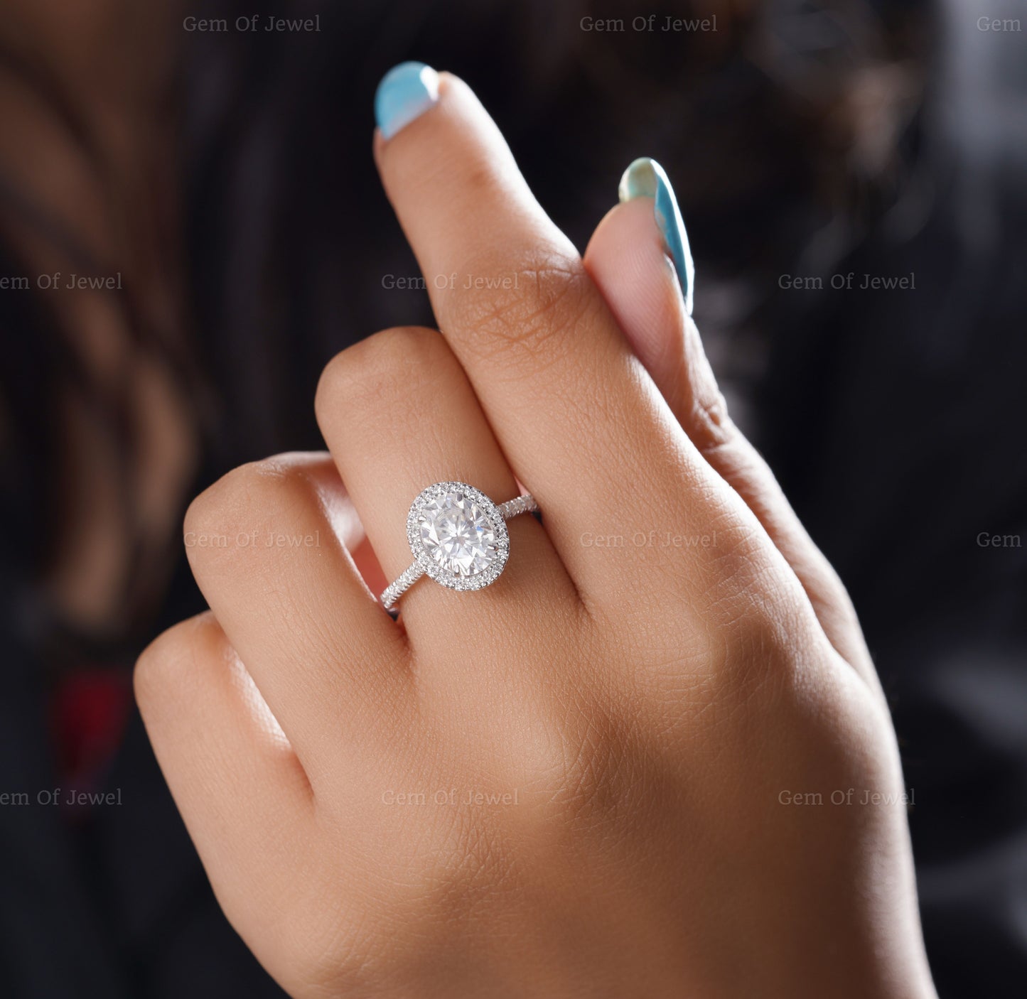 Oval Moissanite Diamond Ring With Halo Of Round Moissanite Diamond And Pave Eternity Band Ring For Her, Oval Diamond Ring, Oval Moissanite