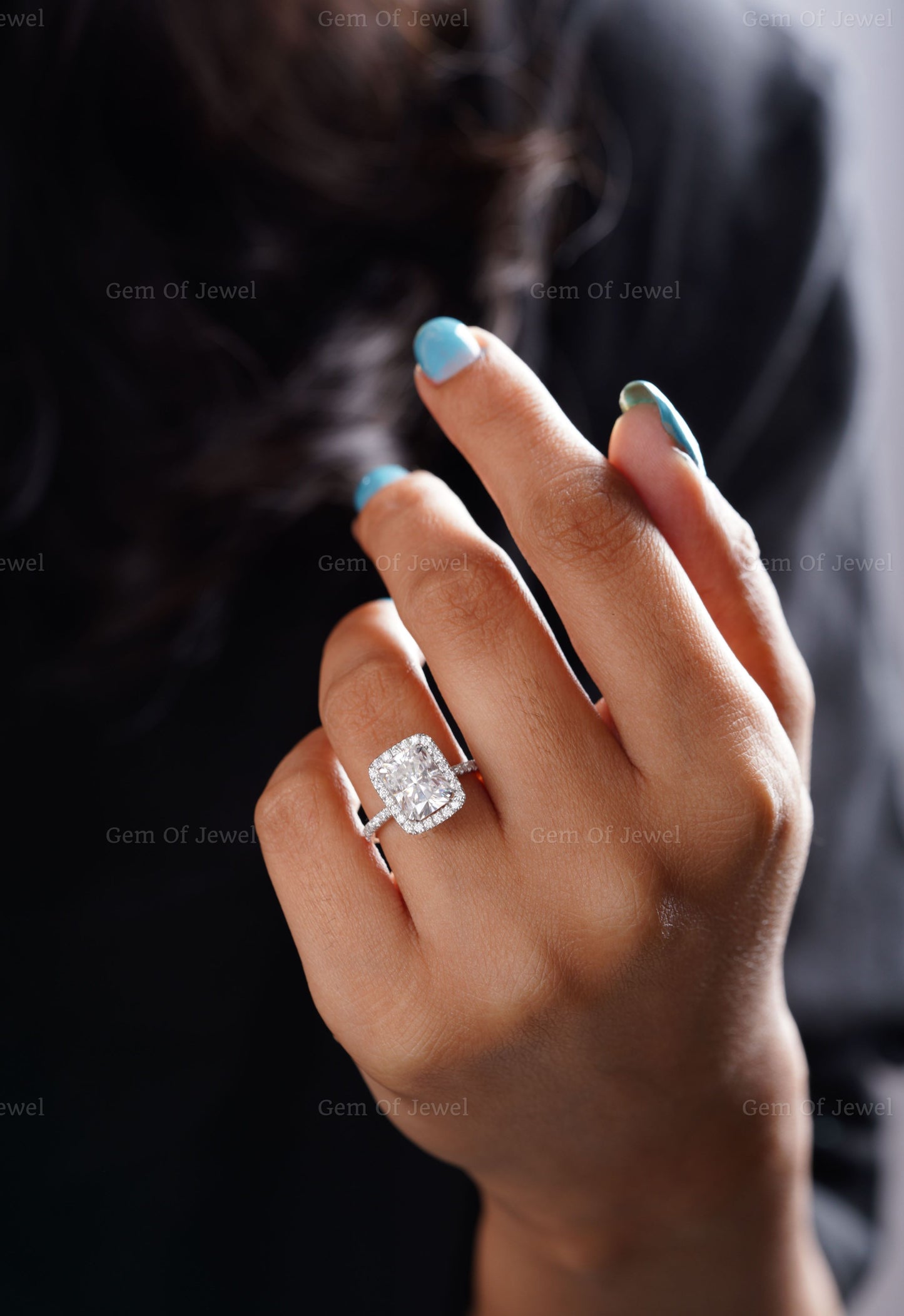 Petal Prong Ring With Radiant Moissanite Diamond With Halo Of Round Moissanite Diamond Solid Gold Ring, Lotus Prong Ring, Radiant Cut Ring