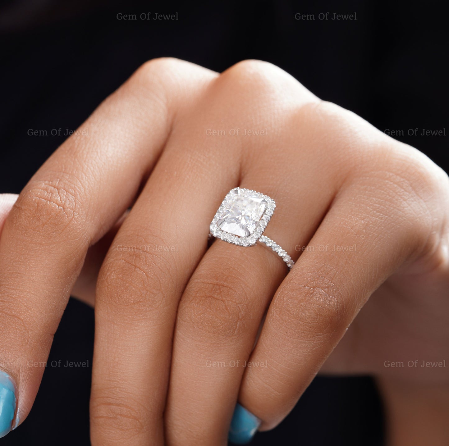 Petal Prong Ring With Radiant Moissanite Diamond With Halo Of Round Moissanite Diamond Solid Gold Ring, Lotus Prong Ring, Radiant Cut Ring