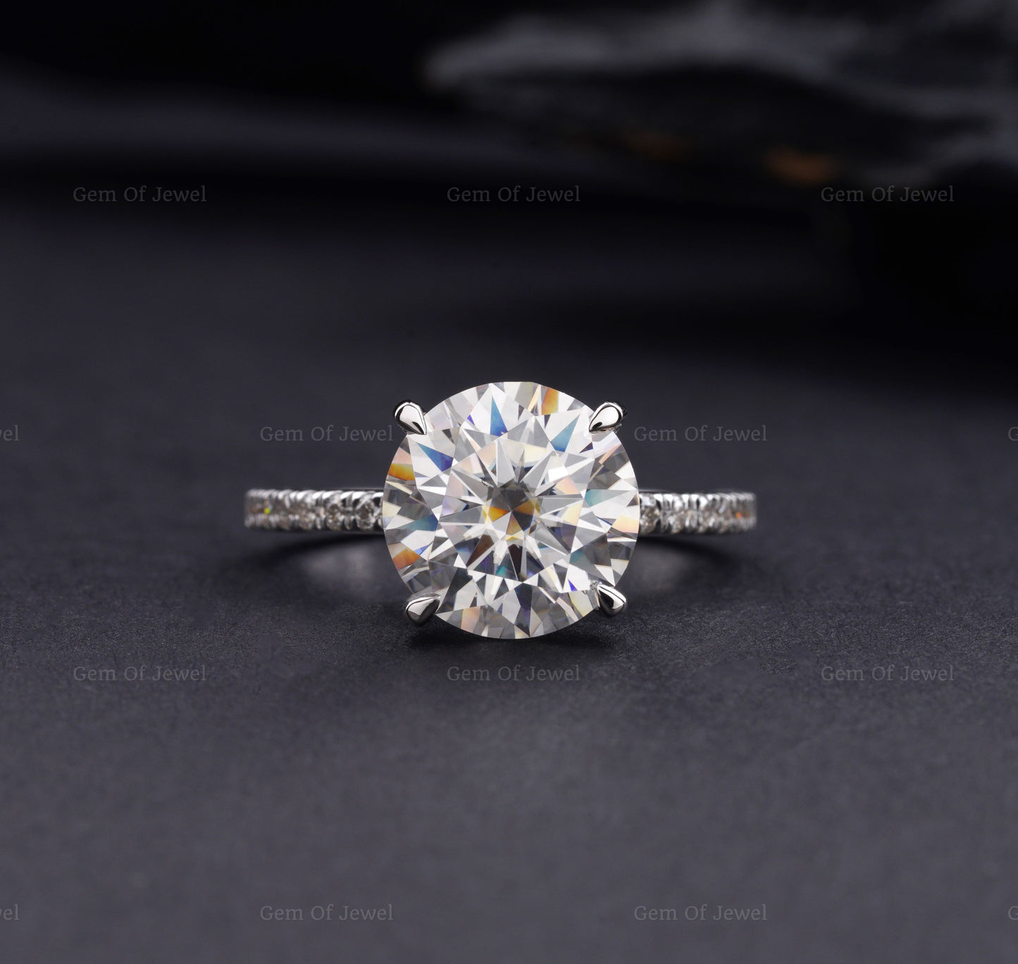 3CT Round Moissanite Diamond Solid Gold Ring, Four Prong Engagement Ring With And Pave Eternity On Band, Round Moissanite Diamond Ring