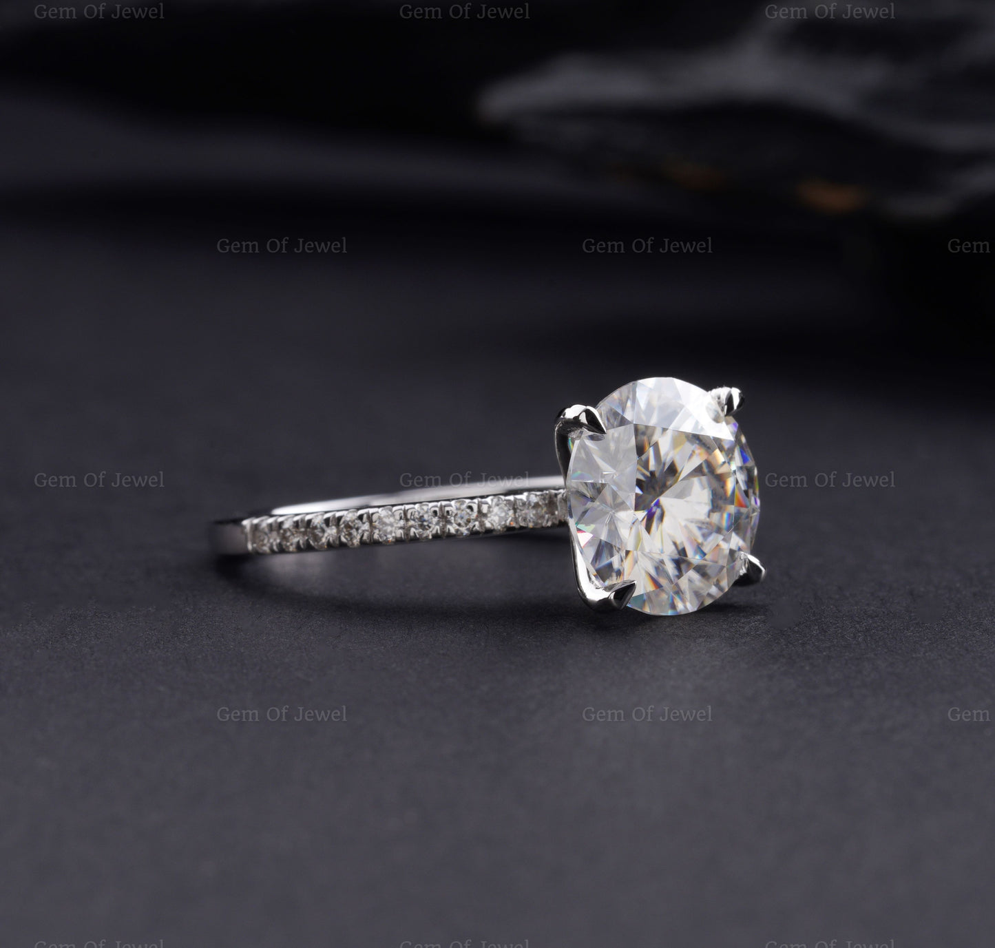 3CT Round Moissanite Diamond Solid Gold Ring, Four Prong Engagement Ring With And Pave Eternity On Band, Round Moissanite Diamond Ring
