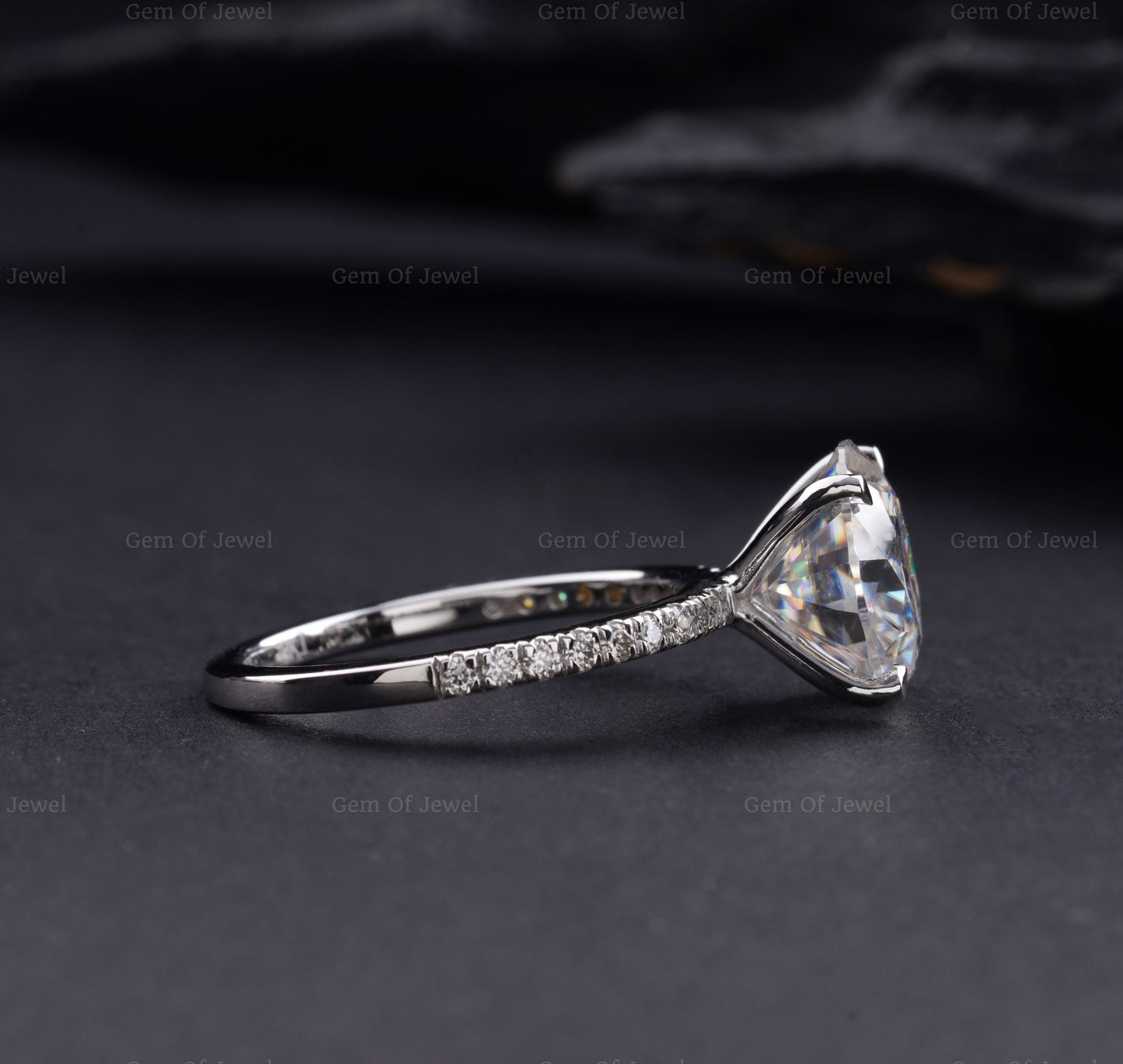 3CT Round Moissanite Diamond Solid Gold Ring, Four Prong Engagement Ring With And Pave Eternity On Band, Round Moissanite Diamond Ring