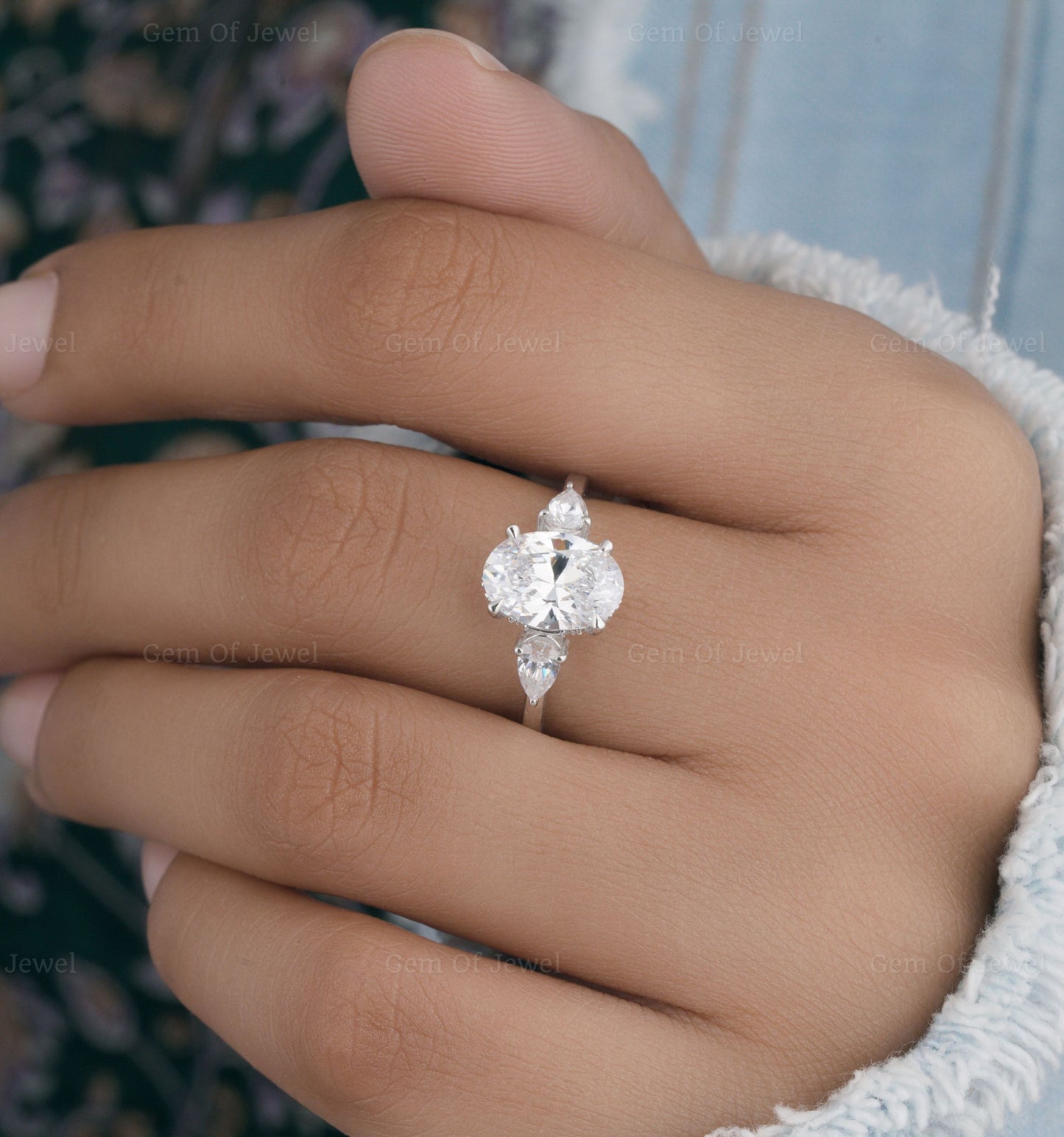 Oval Diamond Three Stone Oval With Side Pear Moissanite Diamond Engagement Ring For Her, Oval Diamond Engagement Ring For Her, Oval 3 Stone