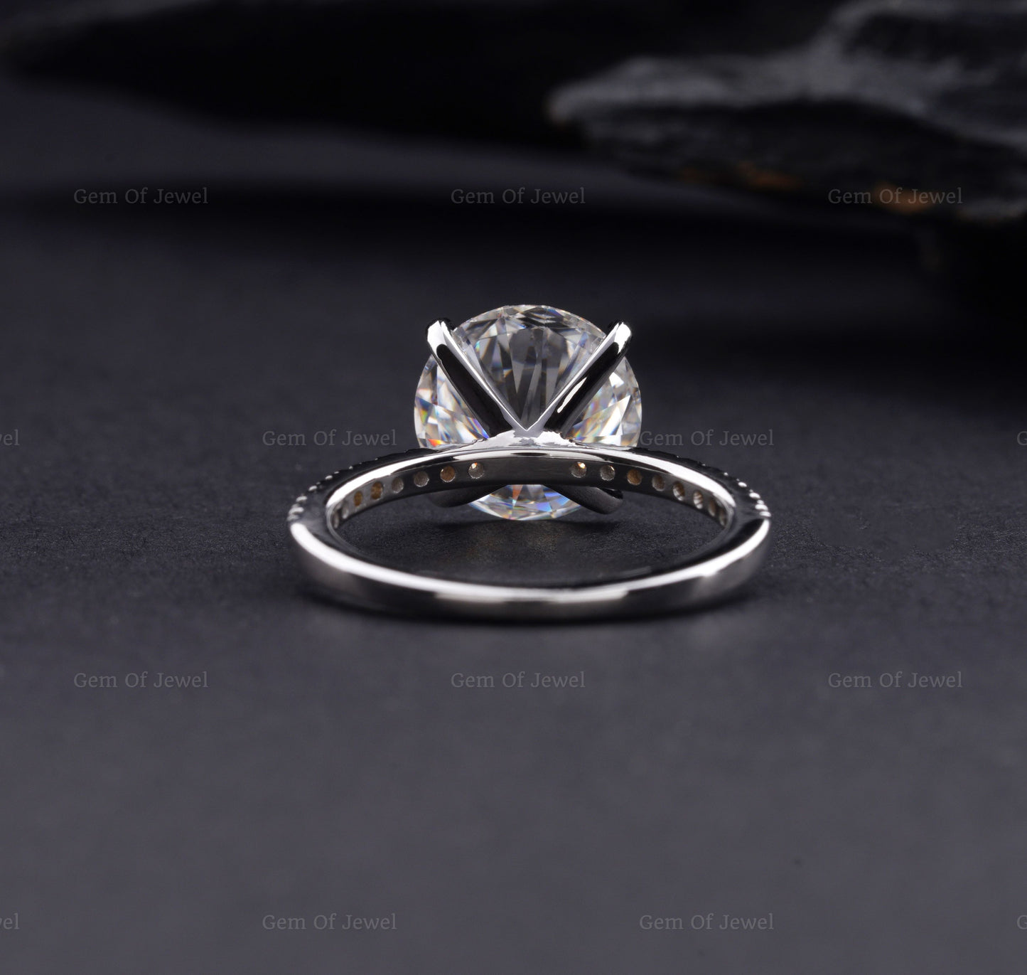 3CT Round Moissanite Diamond Solid Gold Ring, Four Prong Engagement Ring With And Pave Eternity On Band, Round Moissanite Diamond Ring